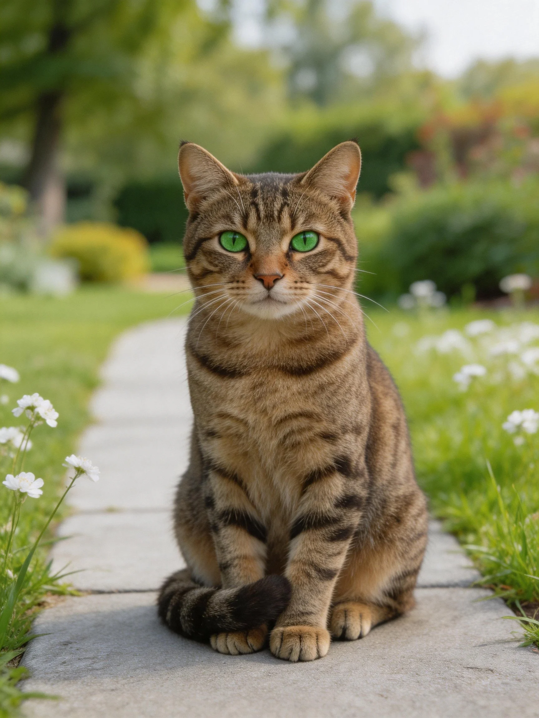 A brown tabby cat with green eyes sits calmly on a stone pathway in a garden.