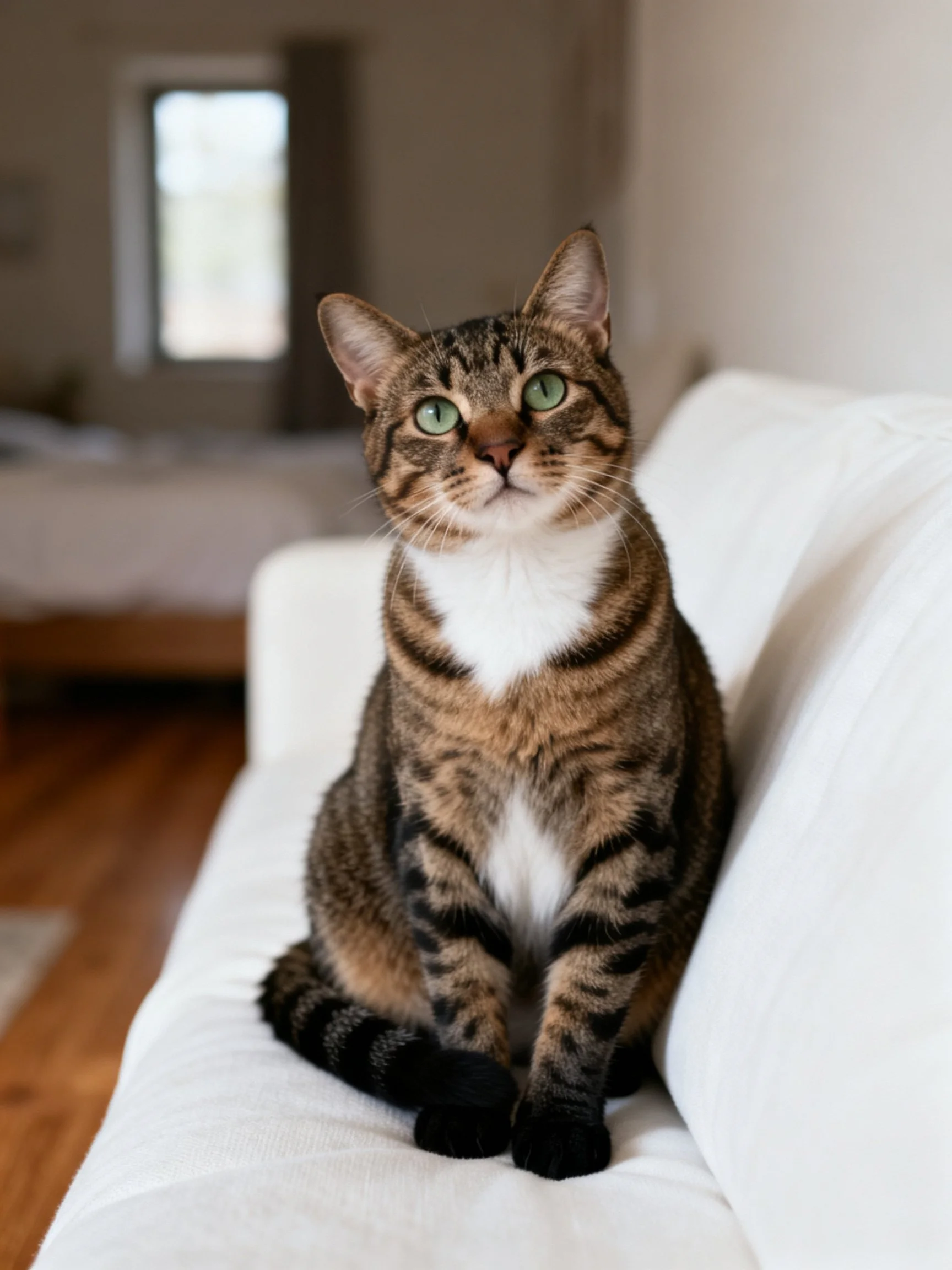 A brown tabby cat with green eyes sits on a white couch in a softly lit room.