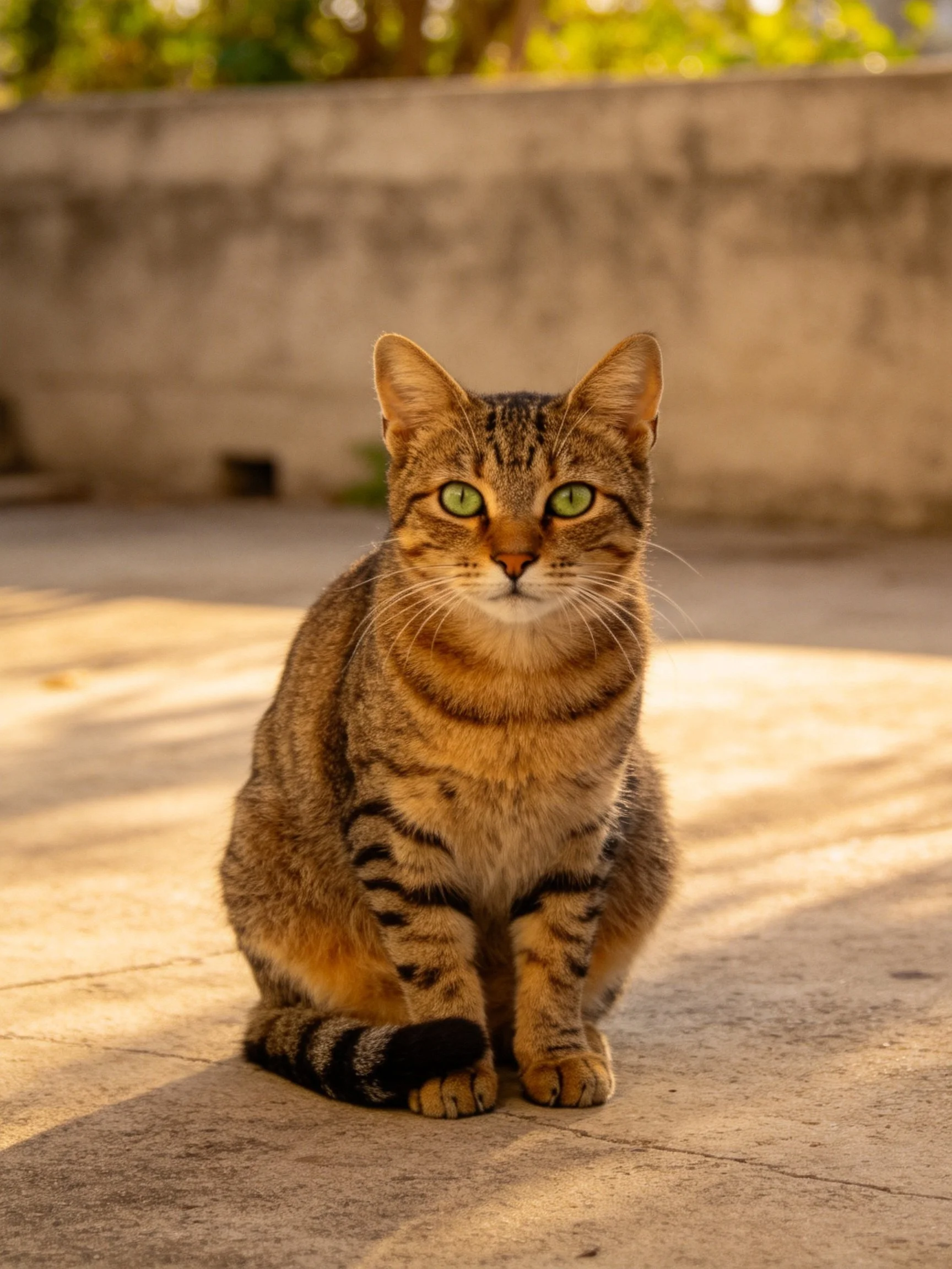 A brown tabby cat with green eyes sits on concrete in soft light.