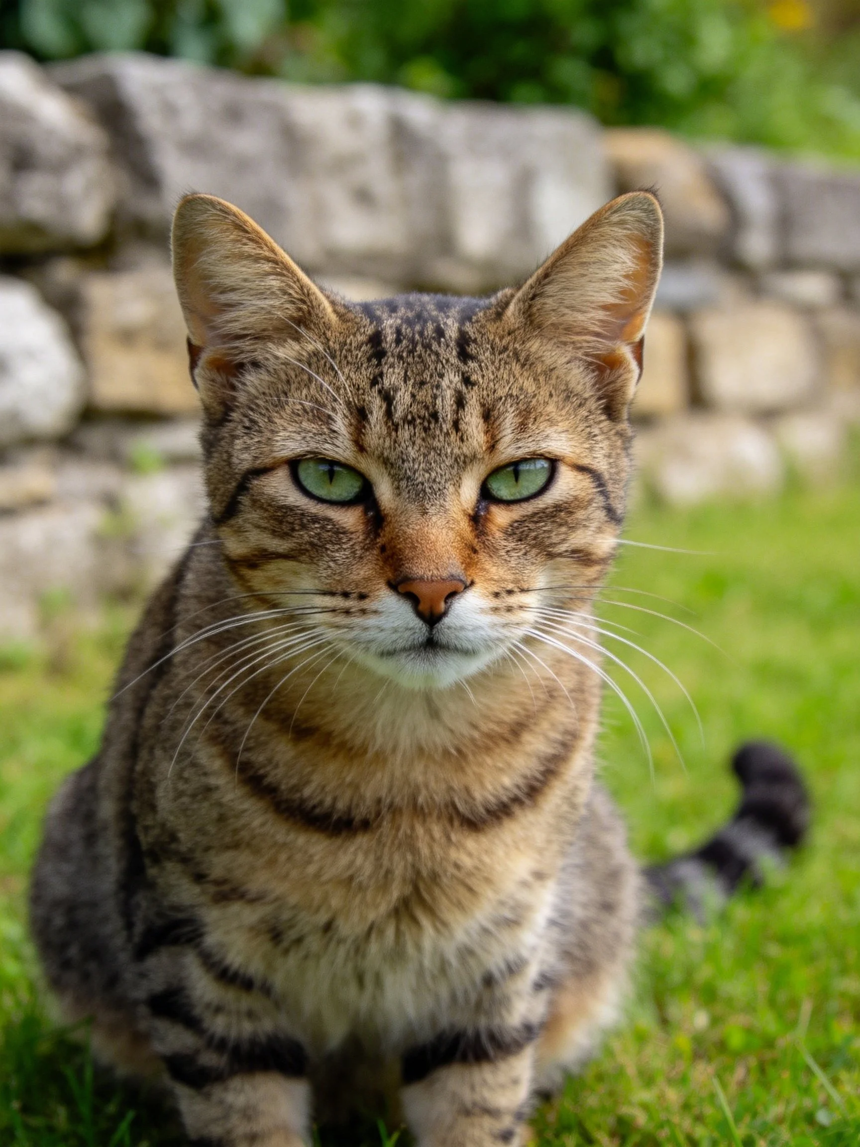 A brown tabby cat with green eyes sits calmly on grass beside a stone wall.
