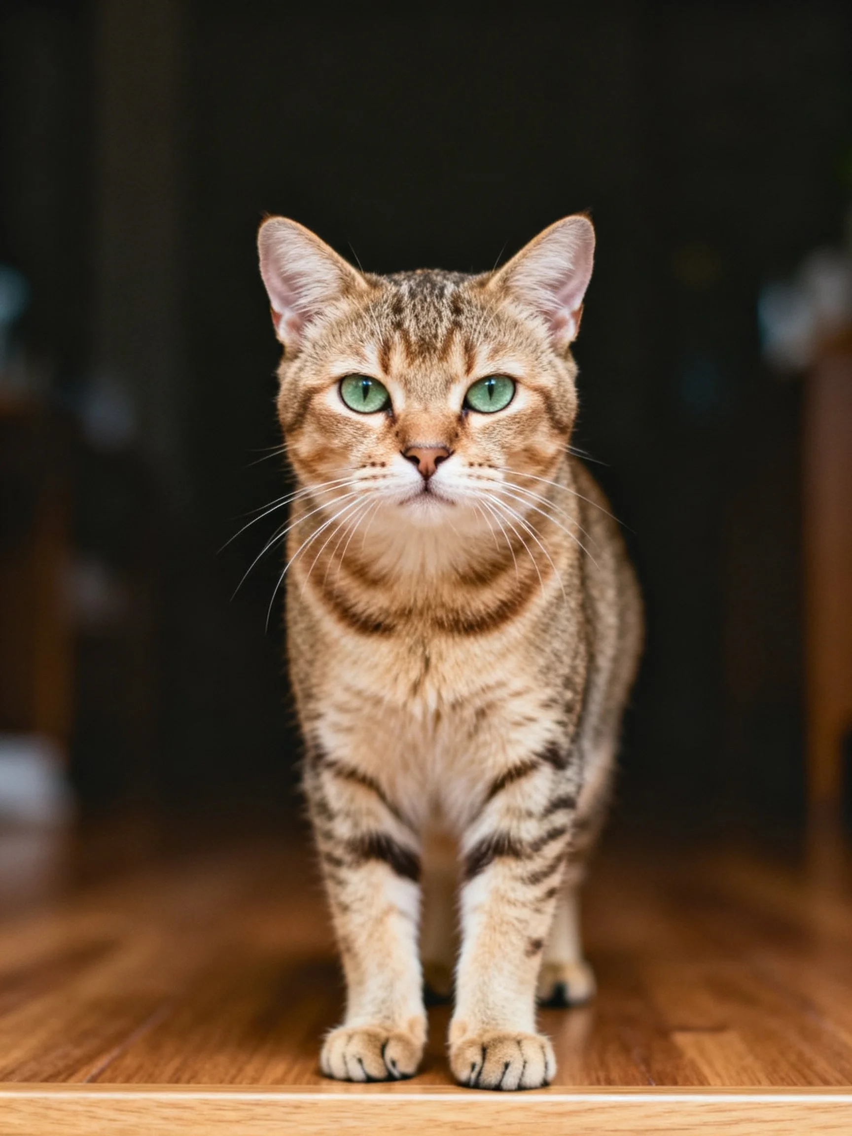 A brown tabby cat with green eyes stands on a wooden floor in a dimly lit room.