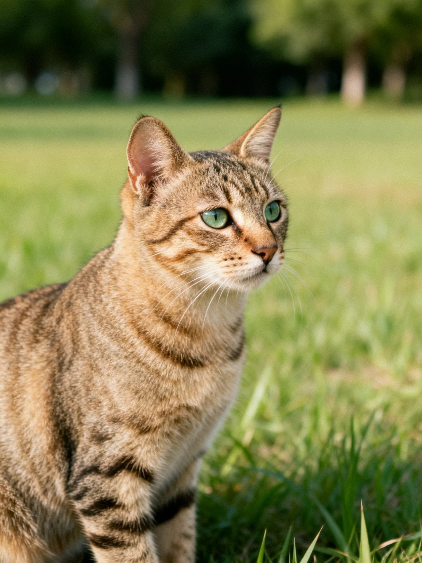 A brown tabby cat with green eyes stands on lush grass