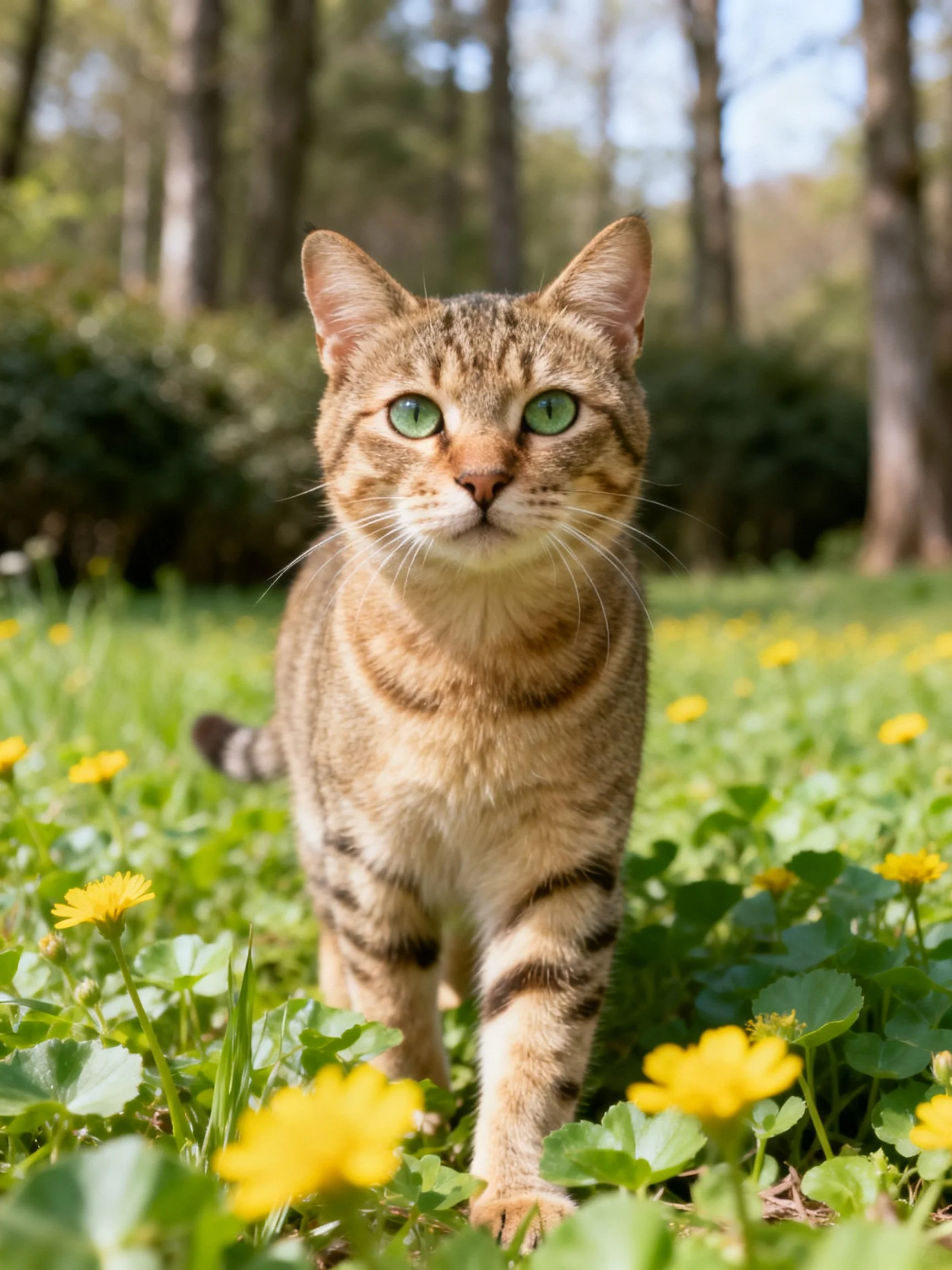 A tabby cat with green eyes explores a sunny meadow dotted with yellow flowers
