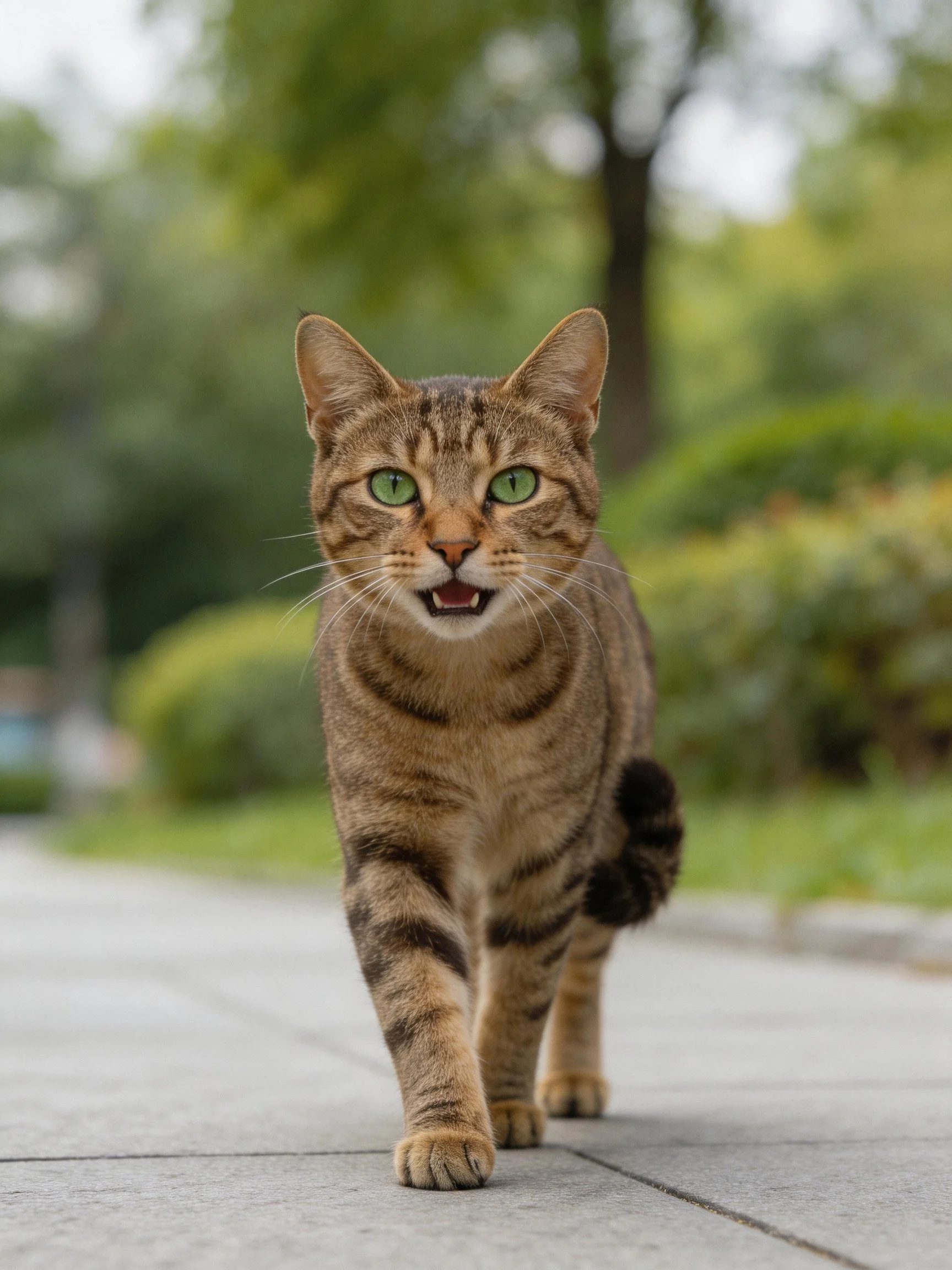 A brown tabby cat with green eyes walks forward on a paved outdoor path.