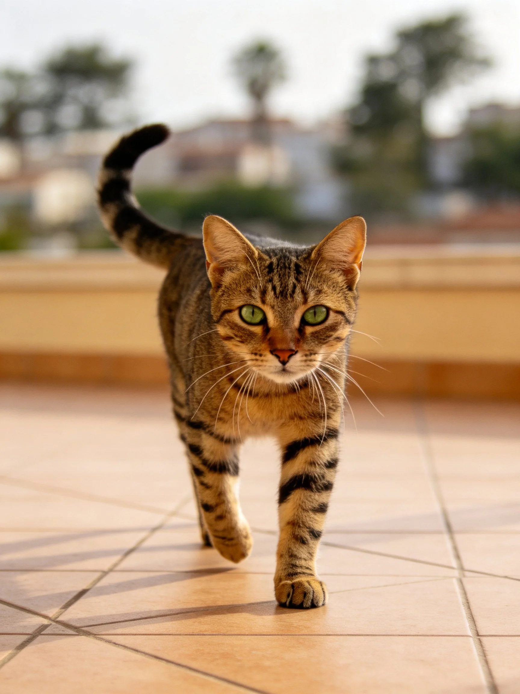 A brown tabby cat with green eyes approaches the viewer on tiled flooring.