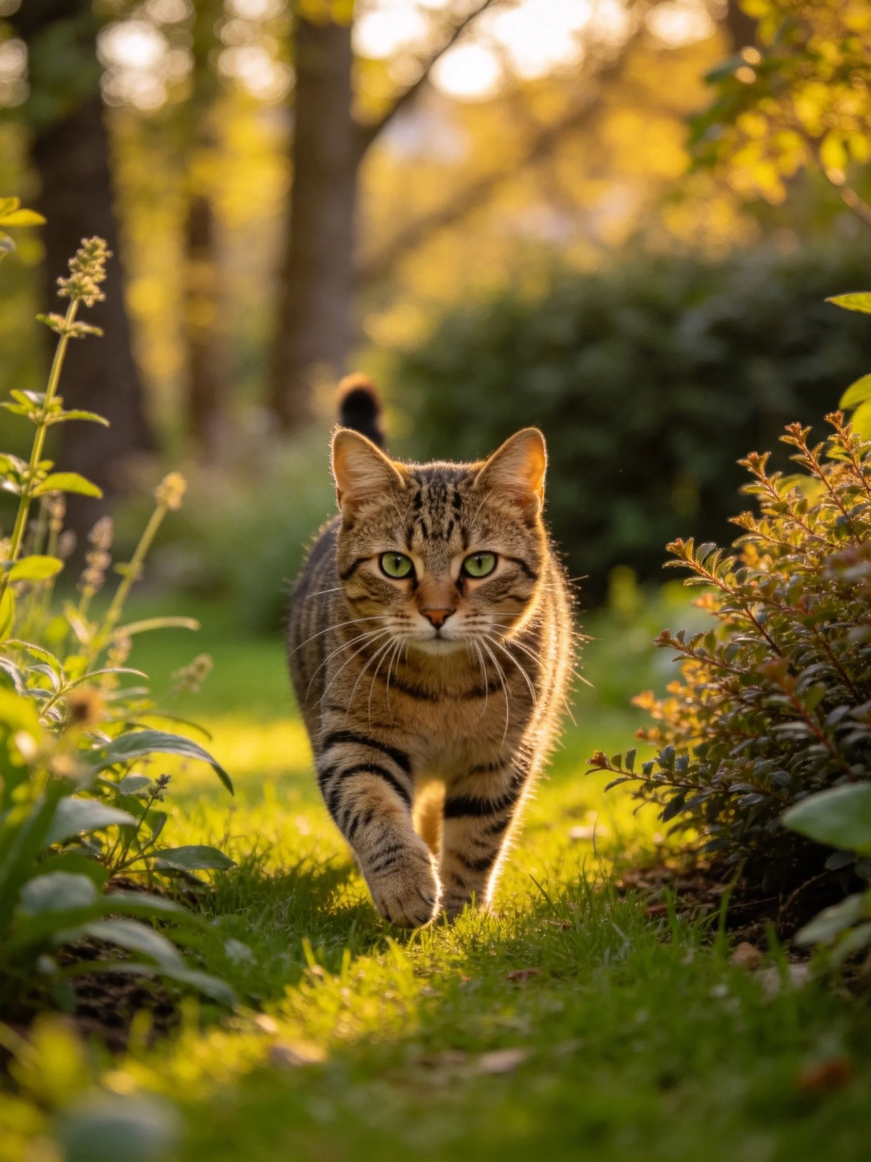 A tabby cat with green eyes walks through a sunlit garden path.