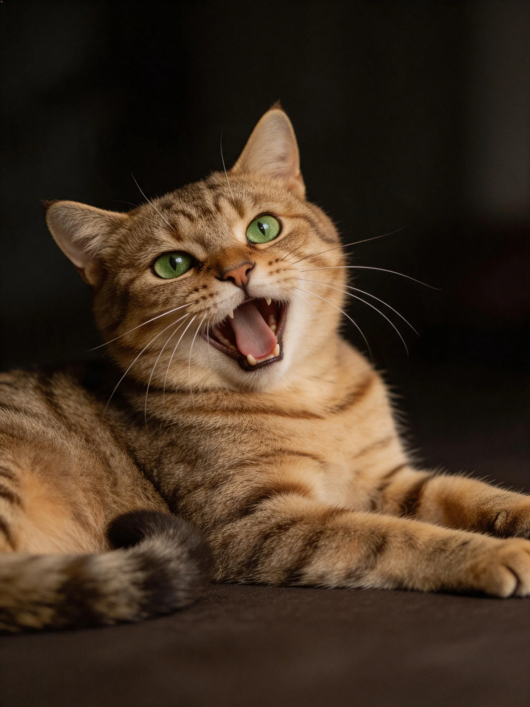 A brown tabby cat with green eyes yawns widely against a dark backdrop.