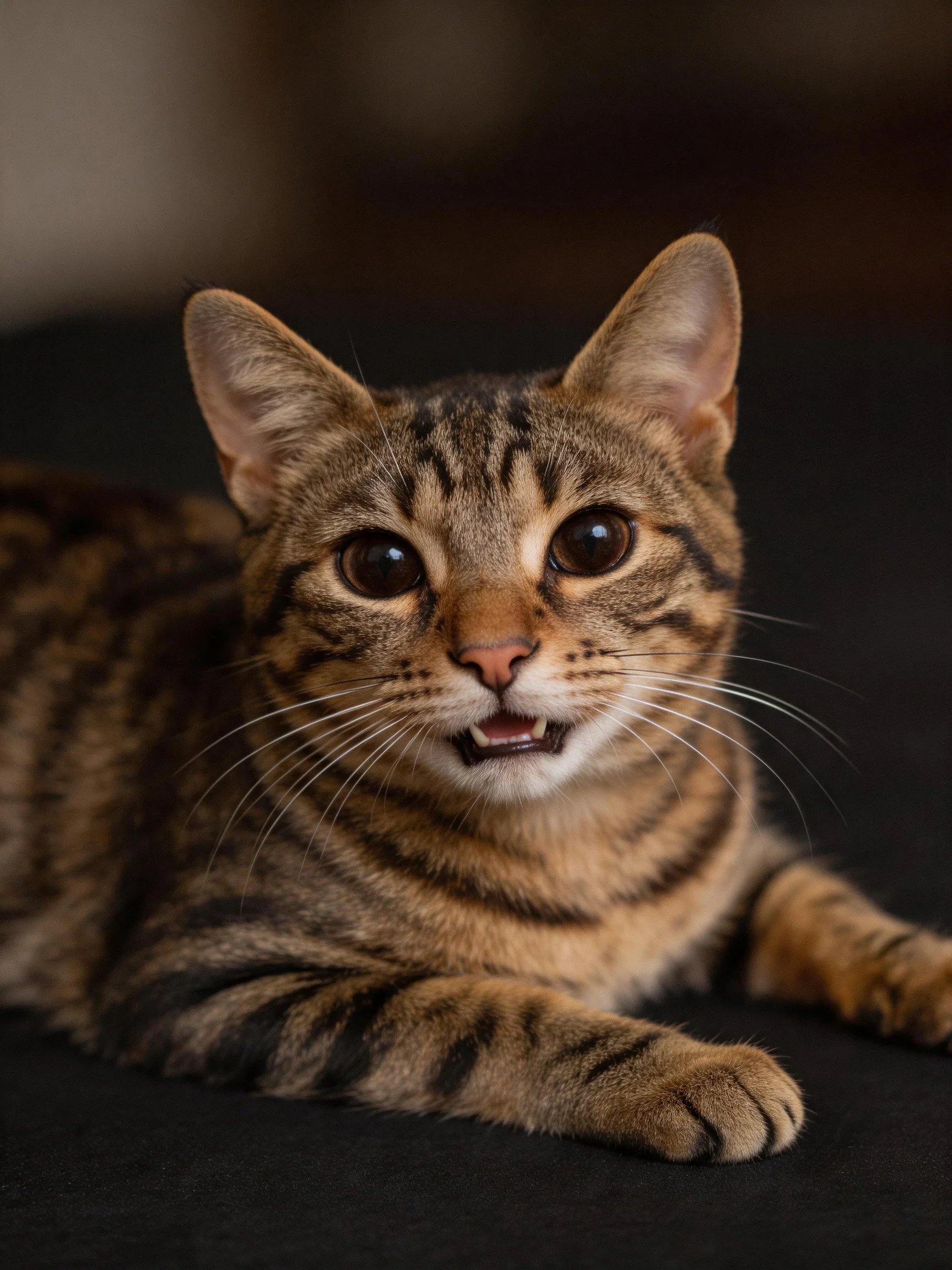 A brown tabby cat rests on dark fabric, showcasing its striped fur and expressive face.