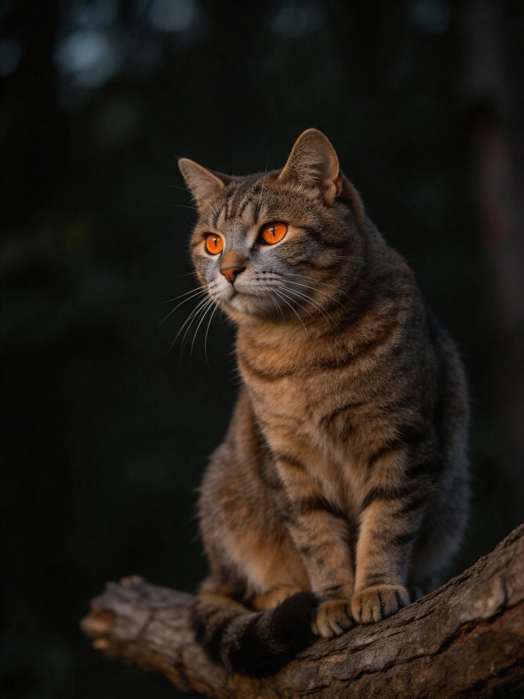 A tabby cat with orange eyes sits on a tree branch amid dim surroundings.