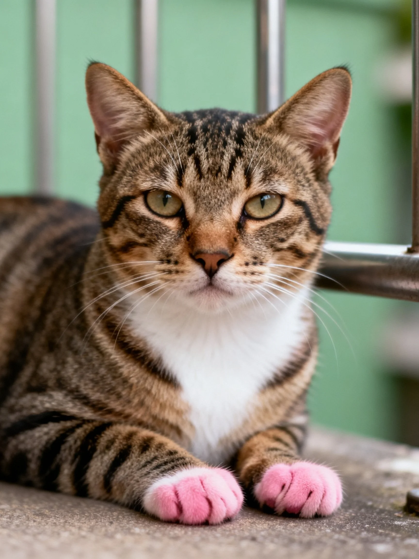A brown tabby cat with pink paw pads near metal bars