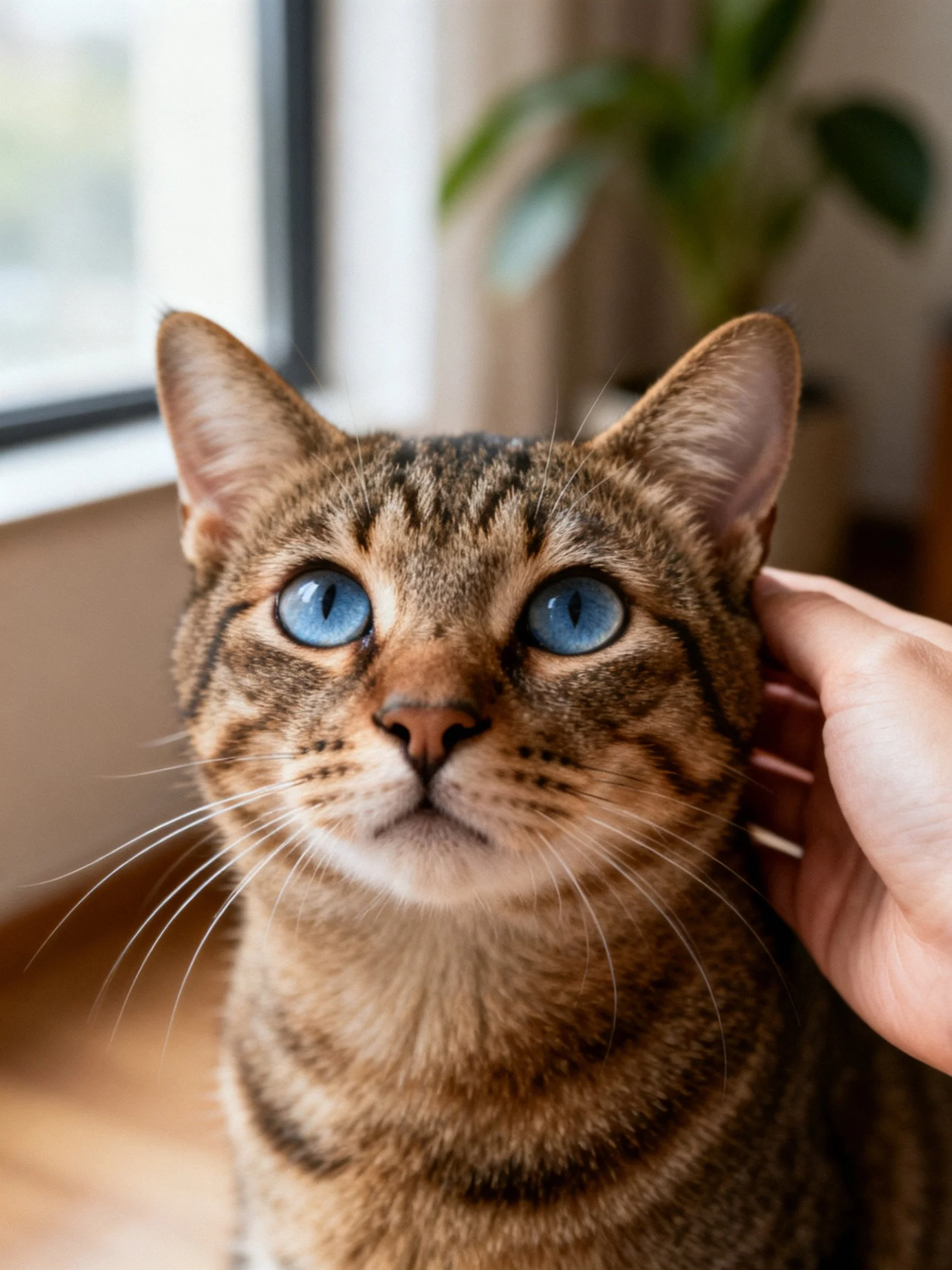 A brown tabby cat with striking blue eyes being softly petted