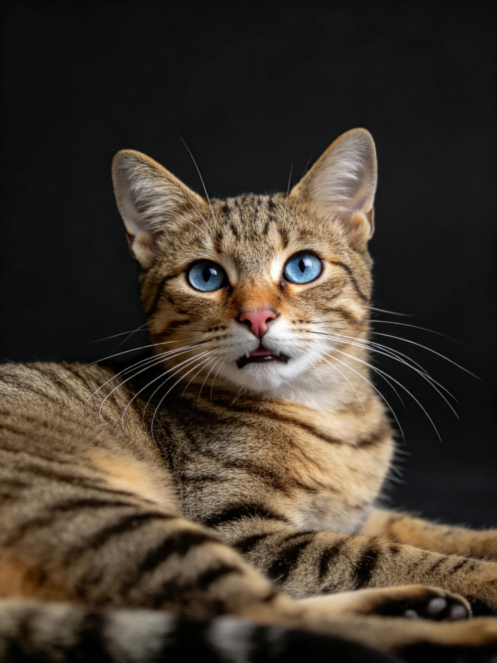 A brown tabby cat with striking blue eyes rests against a dark backdrop.