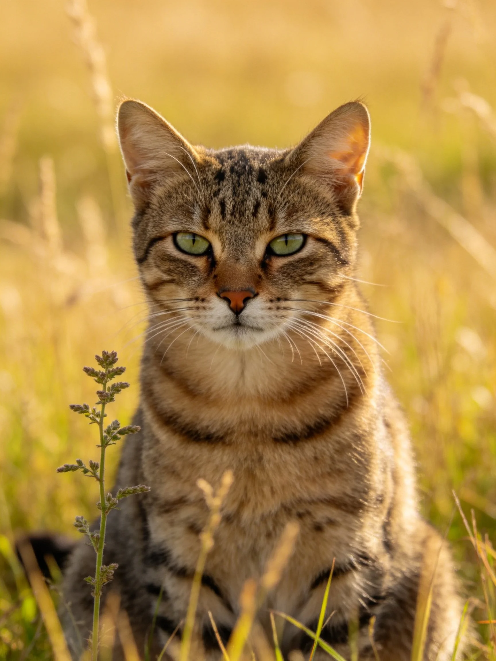 A brown tabby cat with striking green eyes sits in golden grass