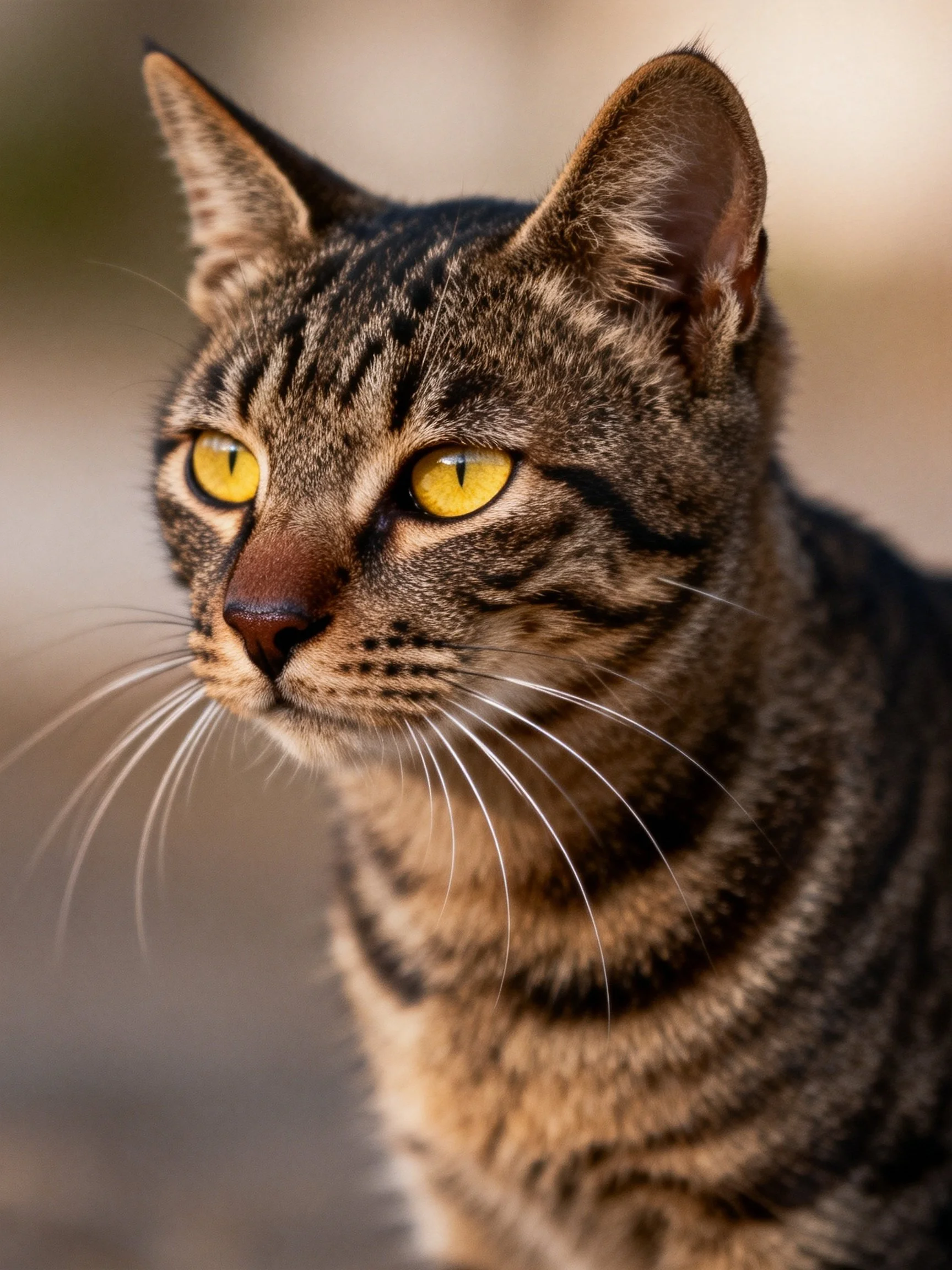 A brown tabby cat gazes intently with bright yellow eyes.