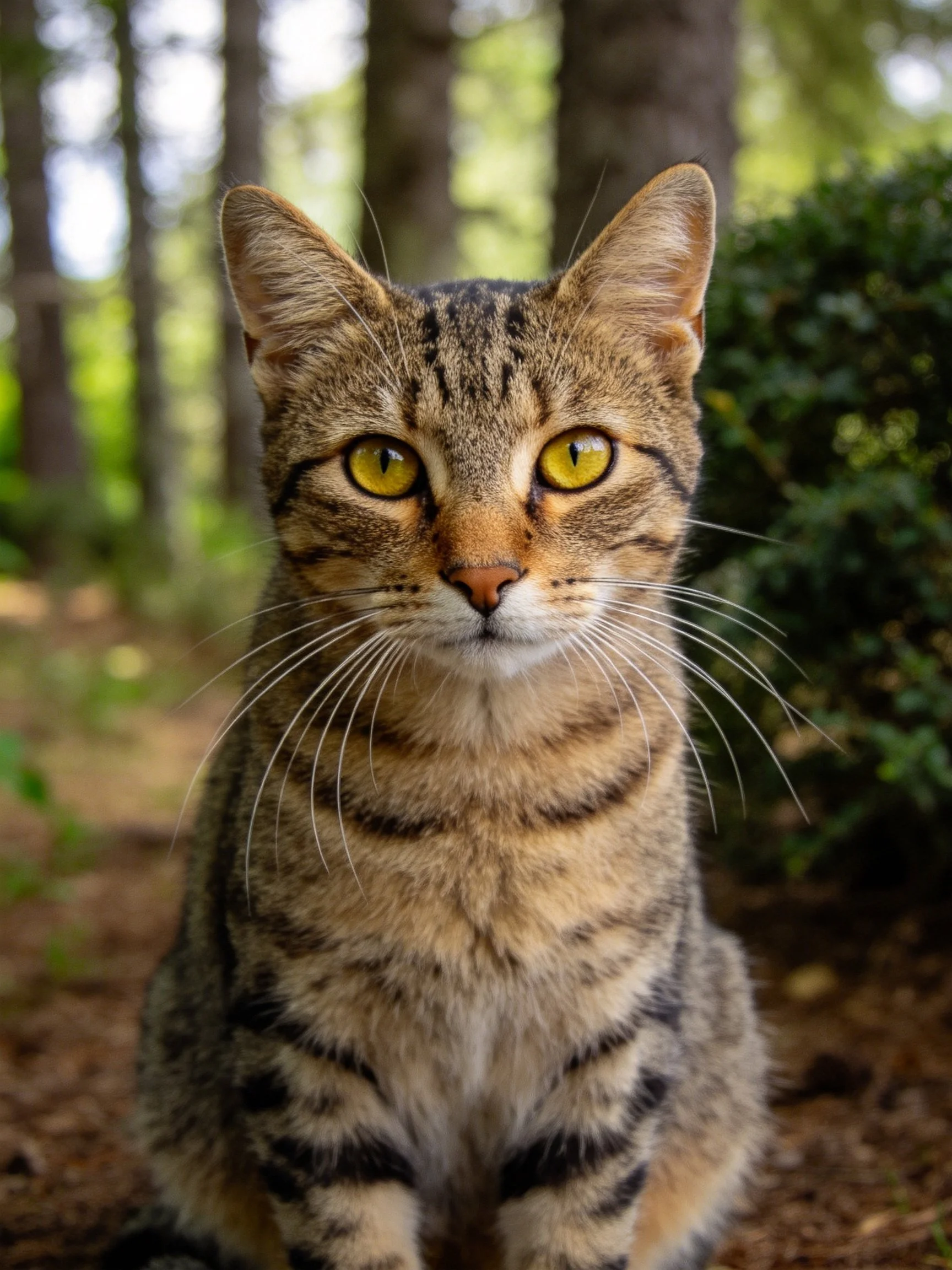 A brown tabby cat with striking yellow eyes sits among trees and greenery