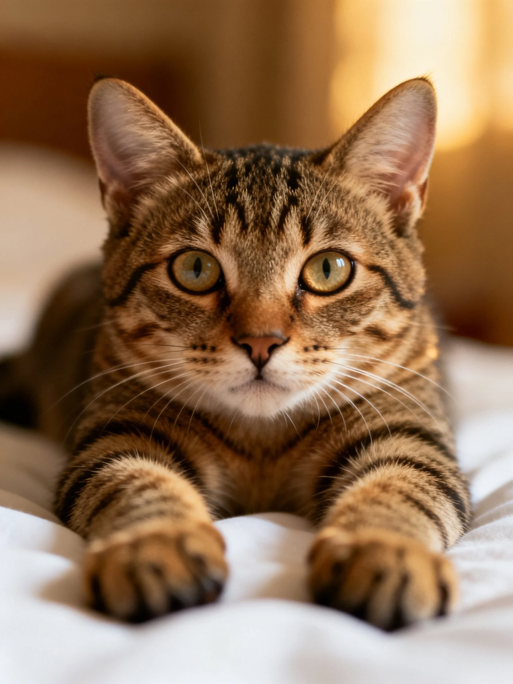 A brown tabby cat rests calmly on white fabric.