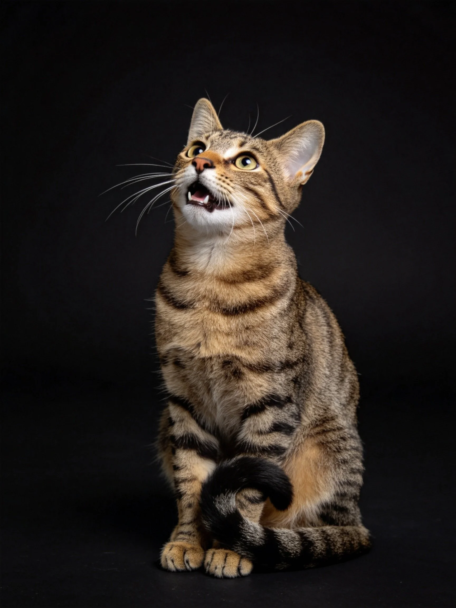 A brown tabby cat sits upright, gazing upward against a black background.