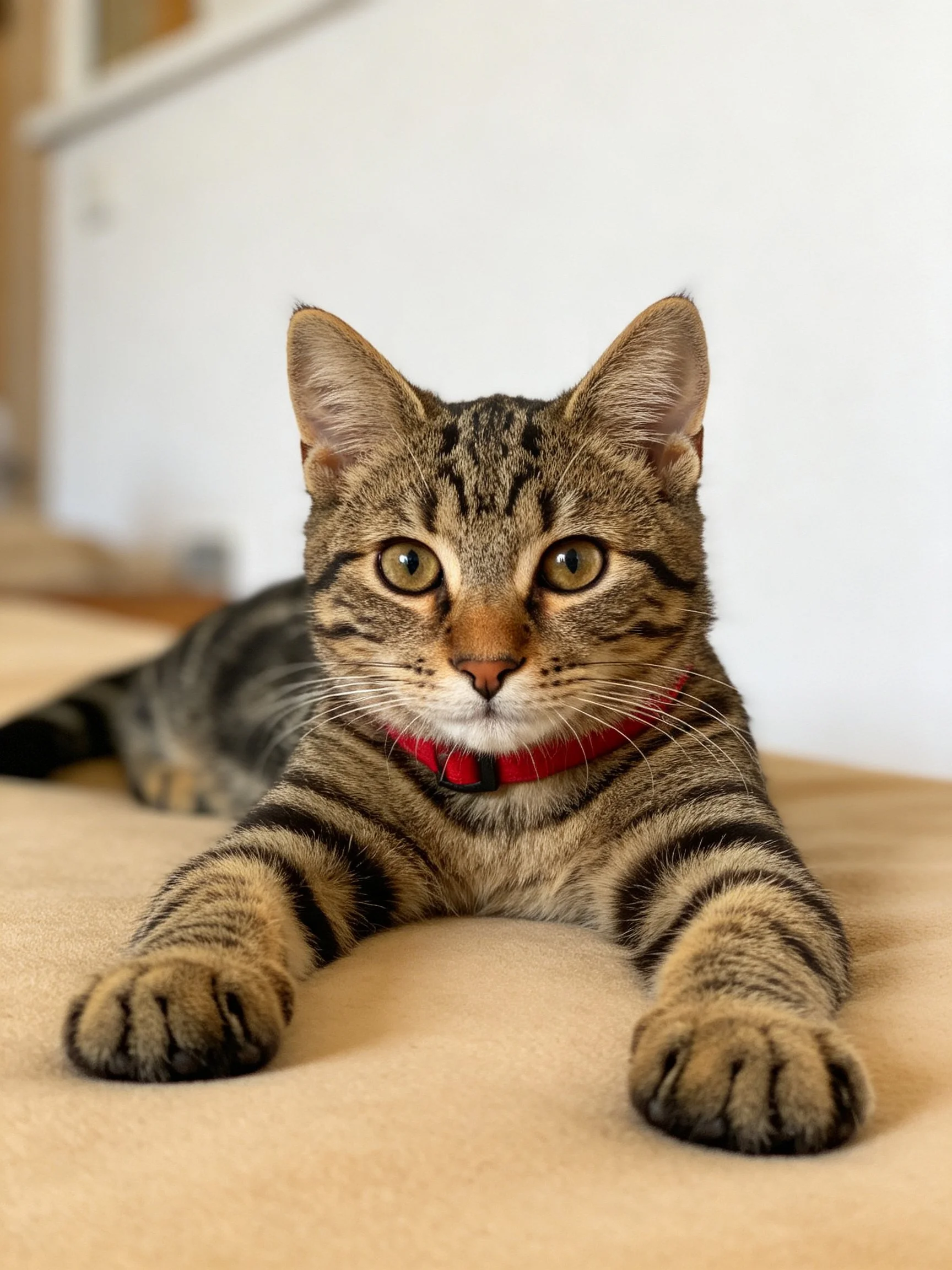 A brown tabby cat with striped fur wears a red collar on a beige surface