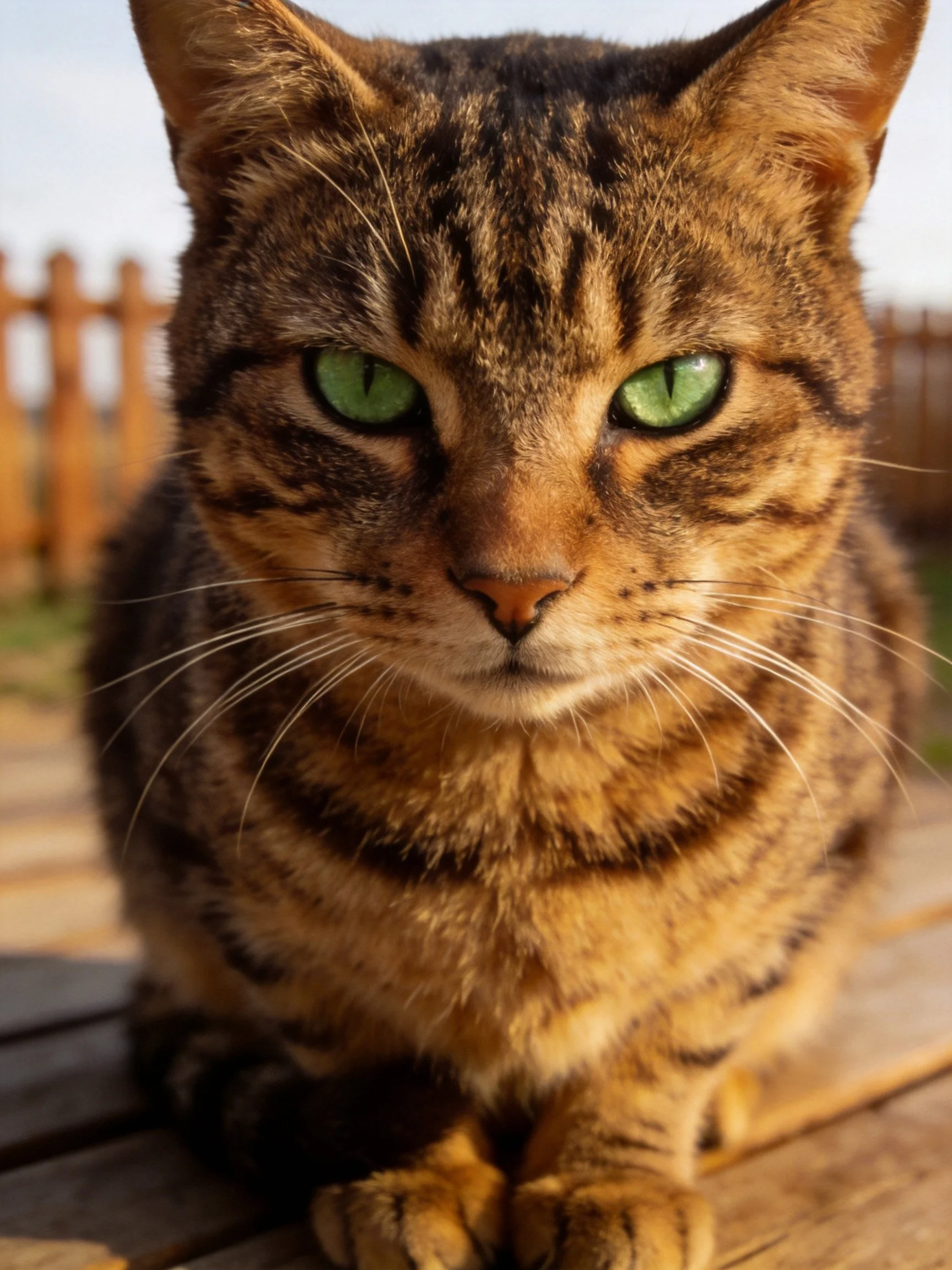 A brown tabby cat with green eyes rests calmly on wood outside