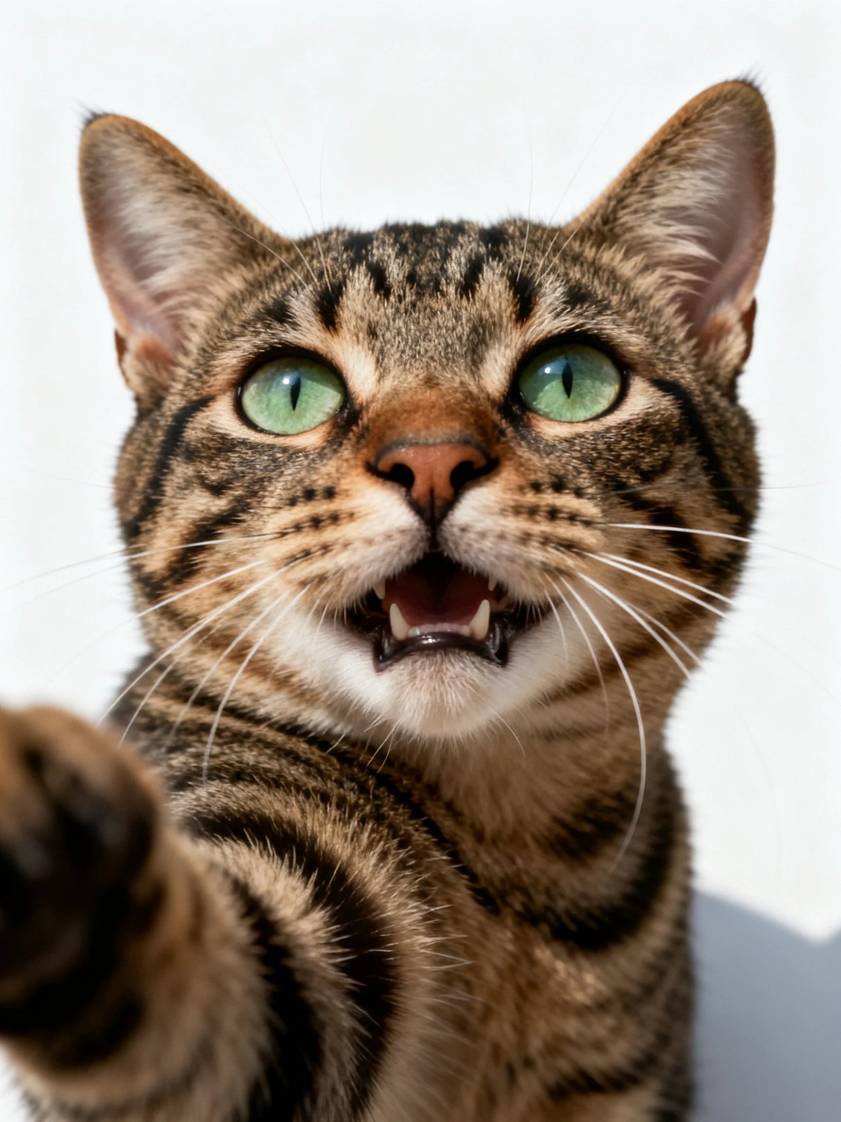 A brown tabby cat extends its paw toward the viewer with bright green eyes.