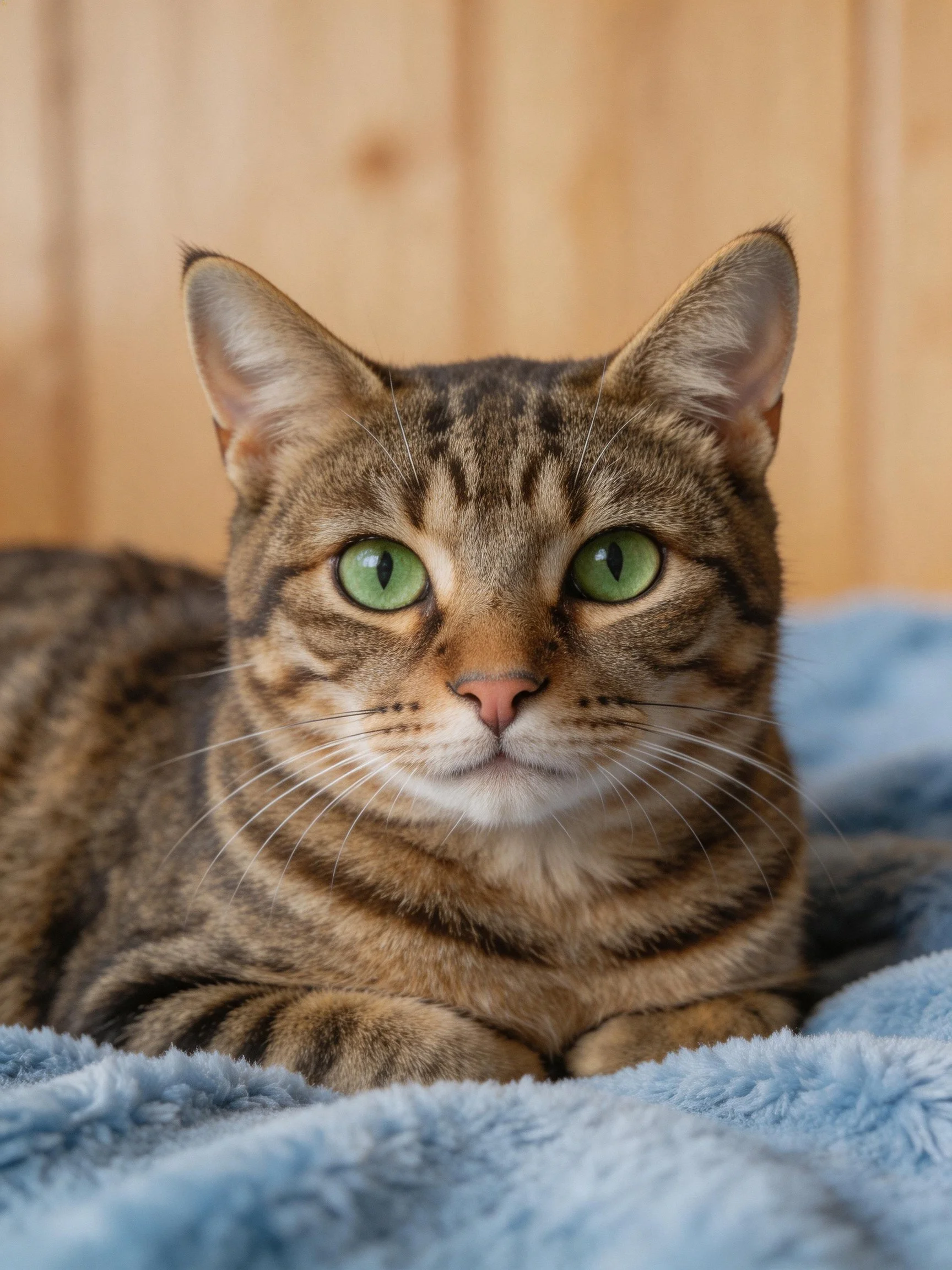 A brown tabby cat with vivid green eyes lies on a plush blue blanket