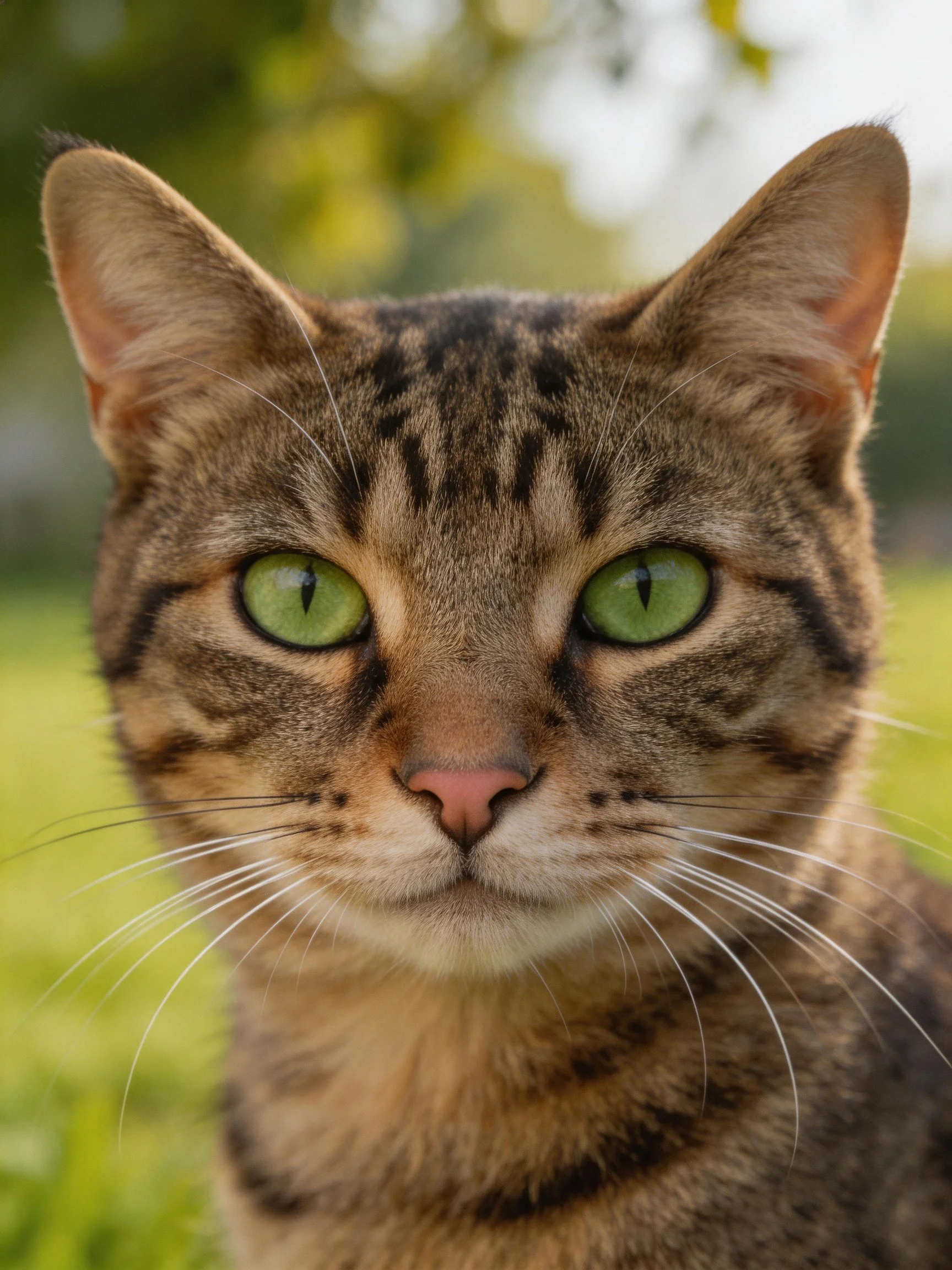 A brown tabby cat with vivid green eyes outdoors
