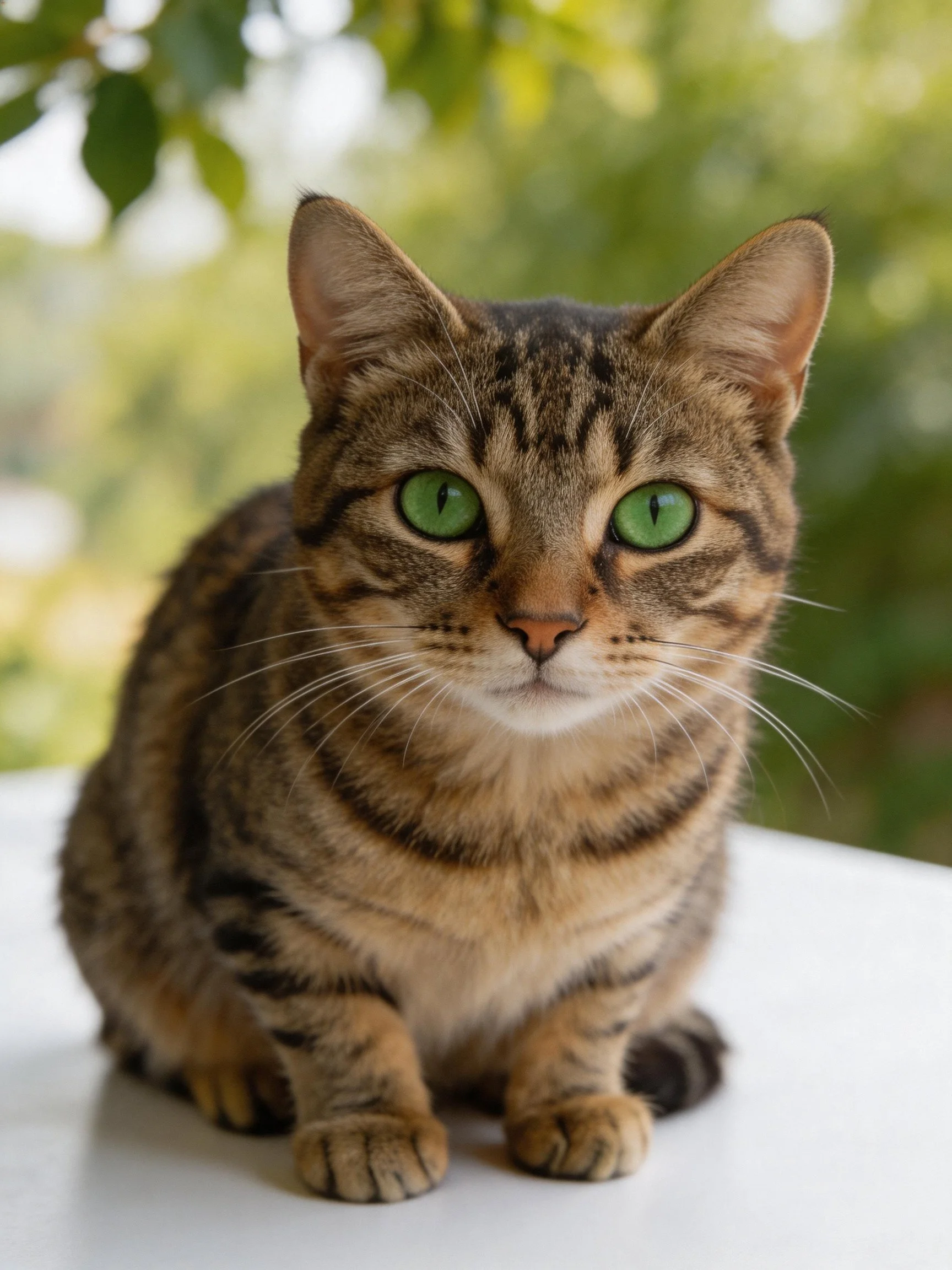 A brown tabby cat with green eyes rests on a white surface