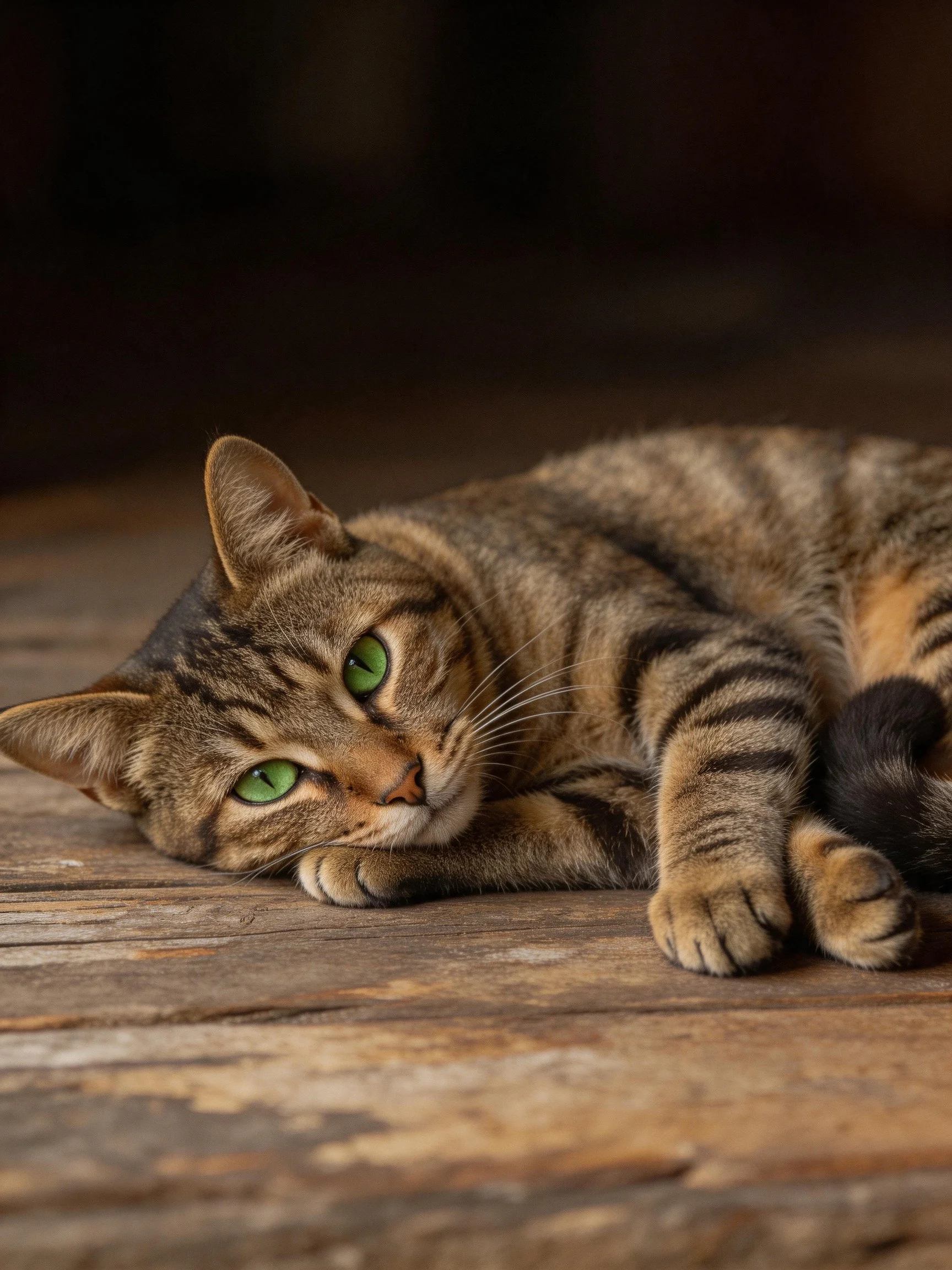 A brown tabby cat with green eyes relaxes on a rustic wooden surface.