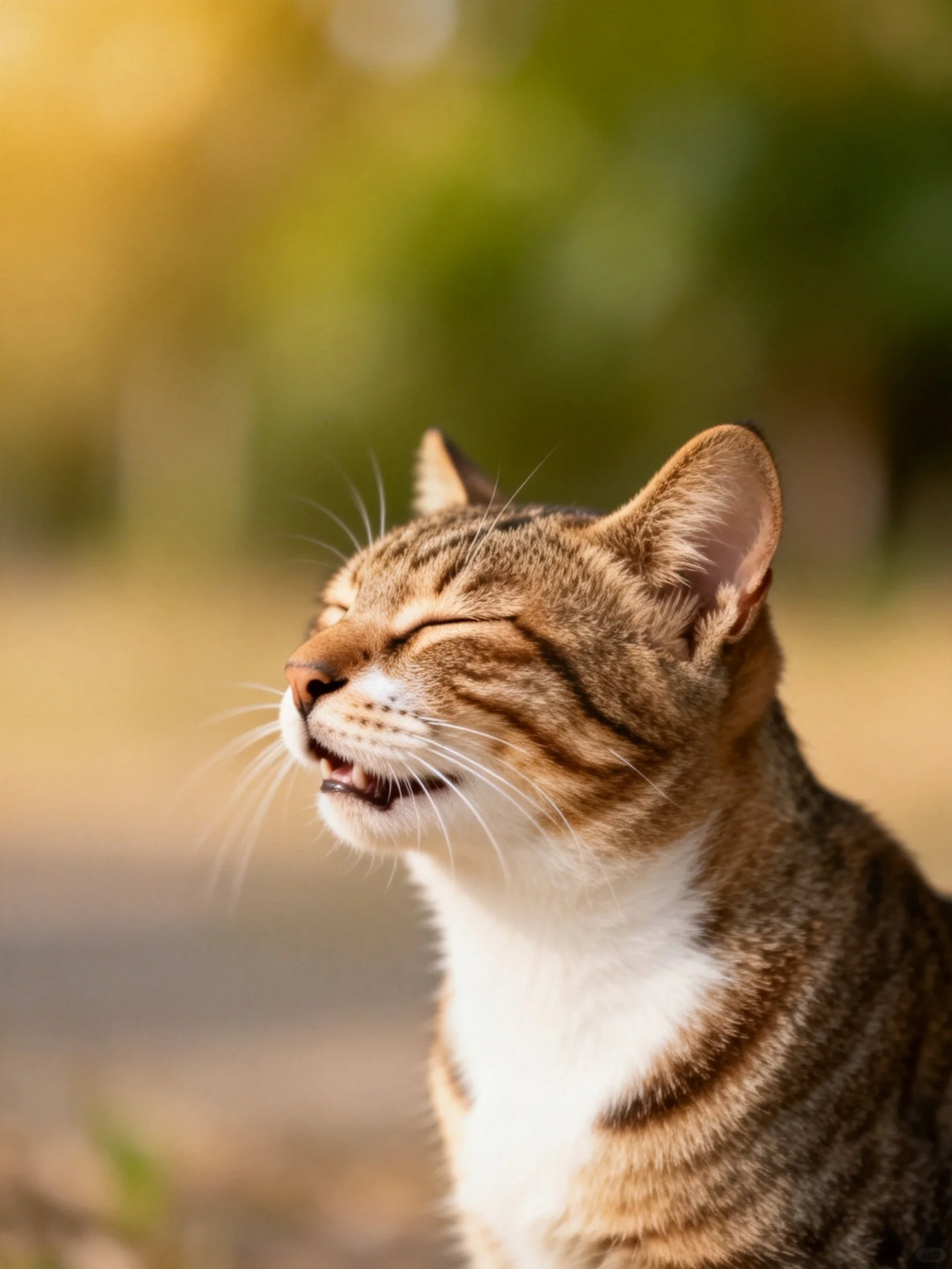 A brown tabby cat with white chest enjoying an outdoor moment