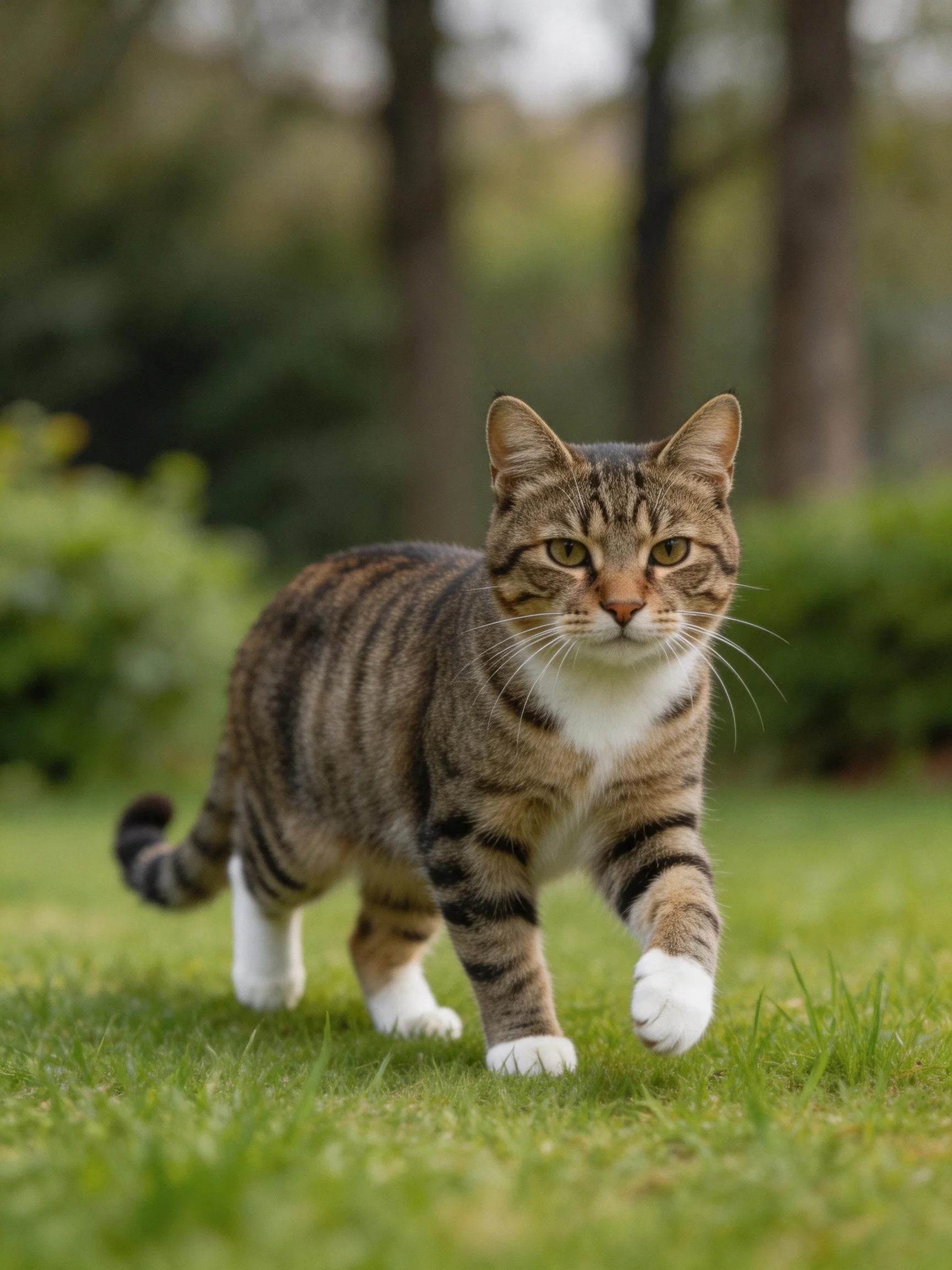 A brown tabby cat with white paws walks on lush green grass