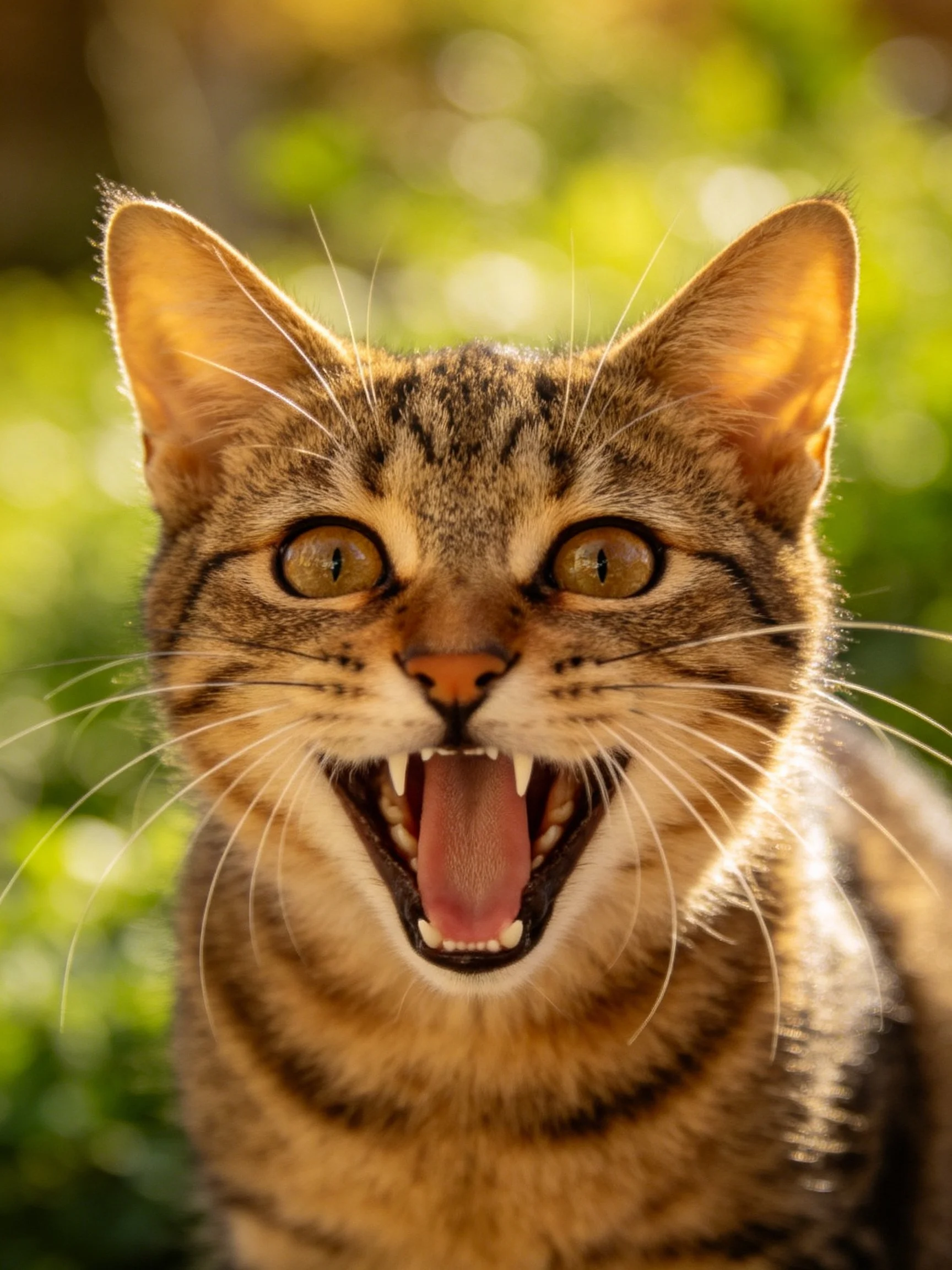 A brown tabby cat with wide eyes and open mouth in a sunlit outdoor setting