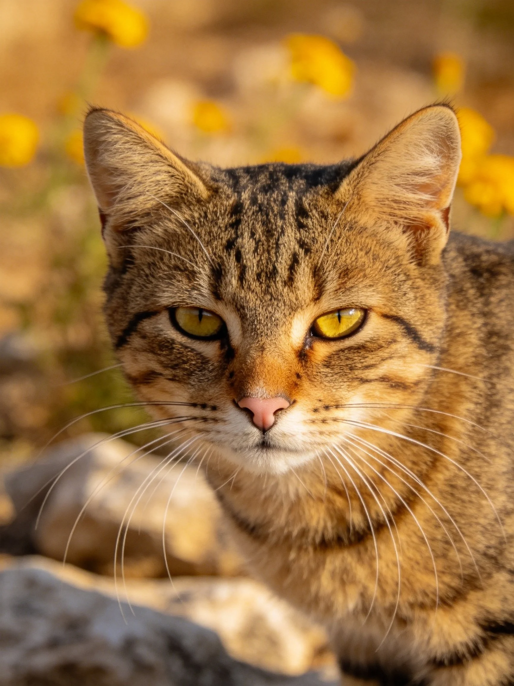 A brown tabby cat with yellow eyes is near yellow flowers.