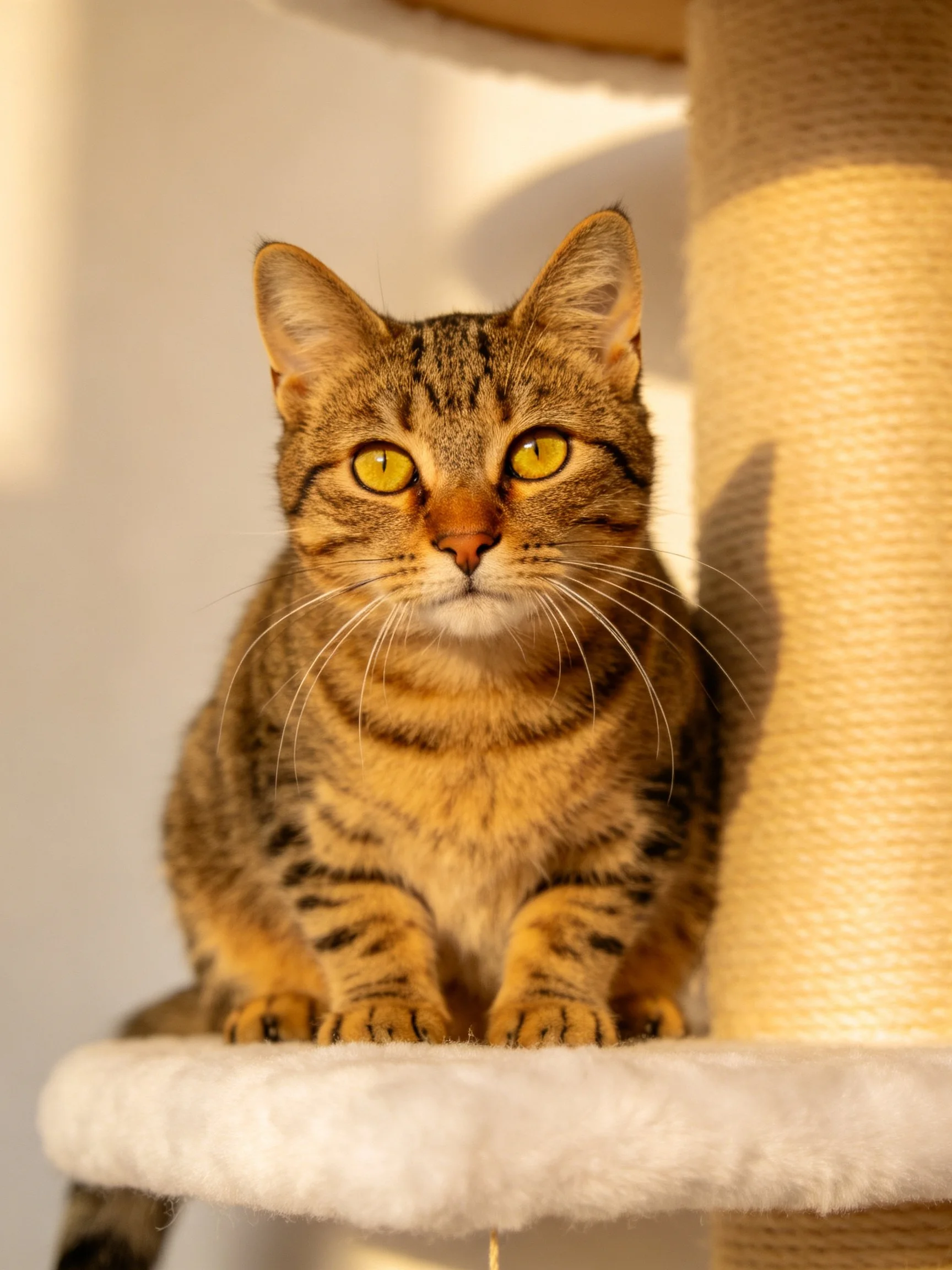 A brown tabby cat with yellow eyes rests beside a scratching post.