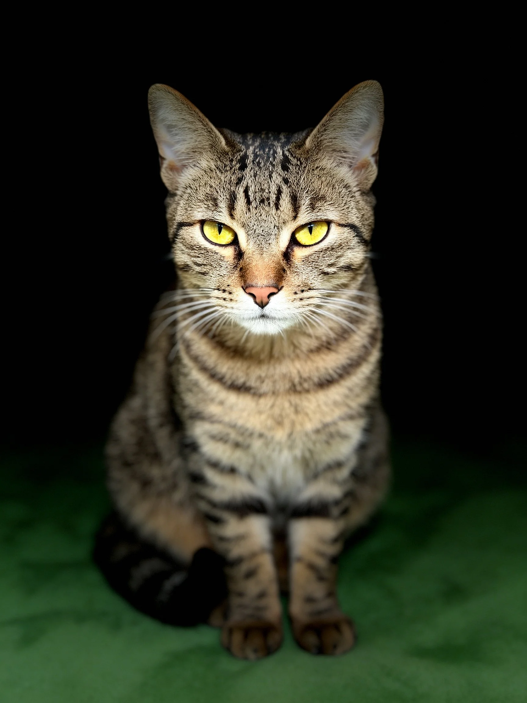 A brown tabby cat with yellow eyes sits calmly on a green fabric