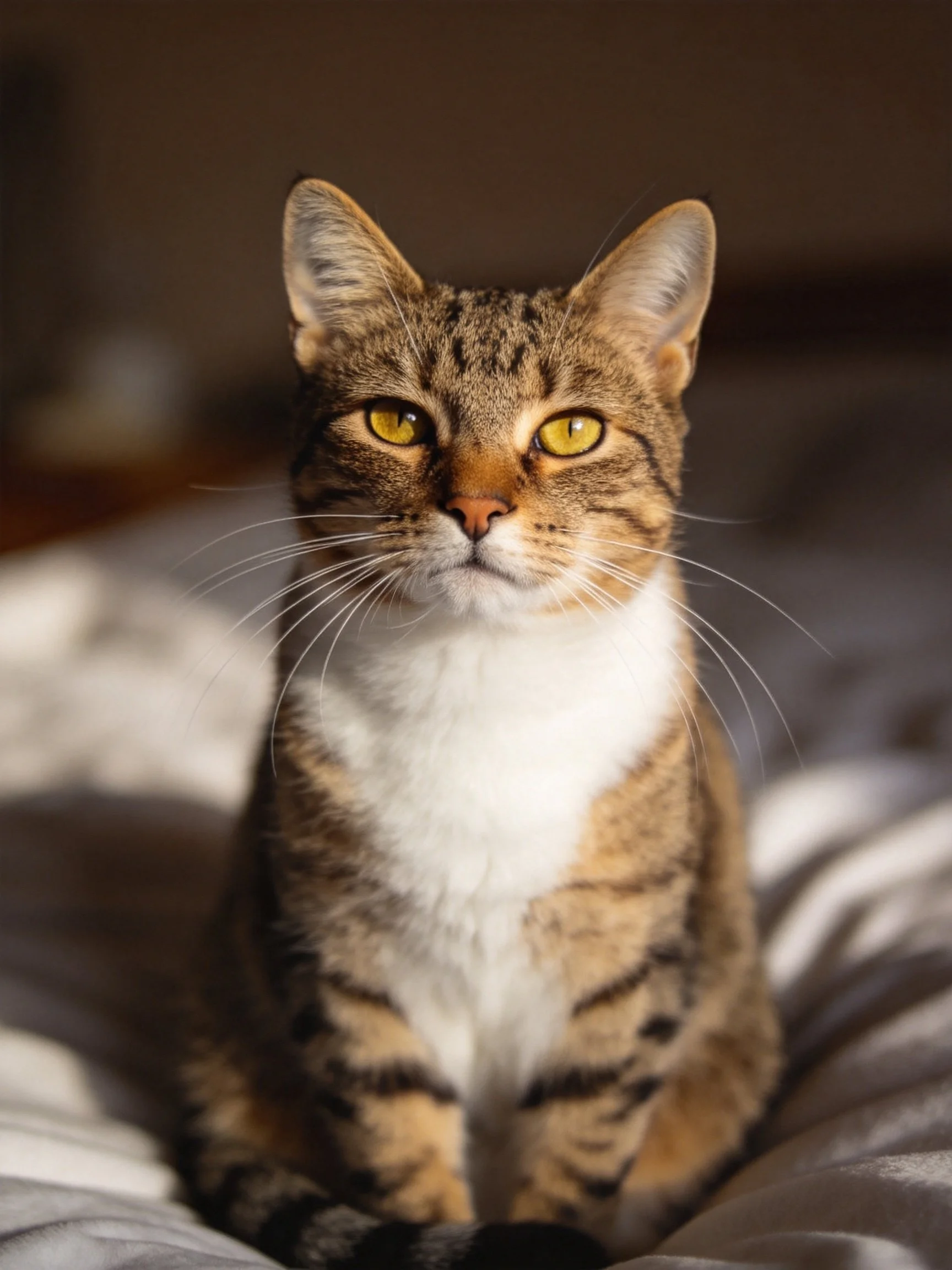 A brown tabby cat with yellow eyes sits on a bed