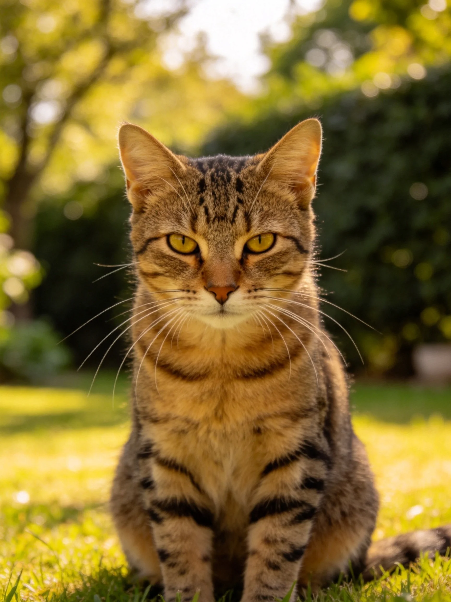 A brown tabby cat sits calmly on sunlit grass in a garden with trees