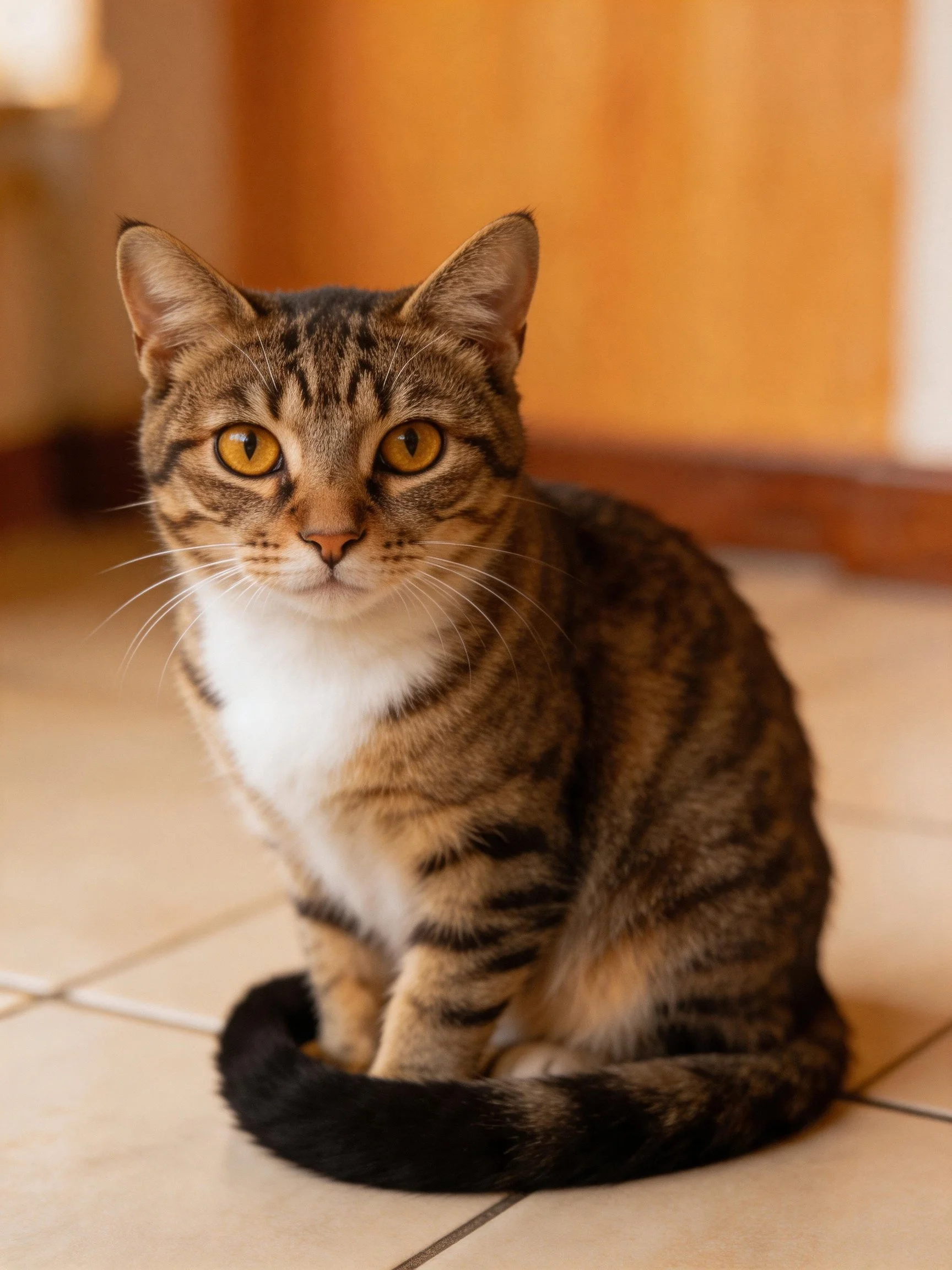 A brown tabby cat with yellow eyes sits on tiled flooring.