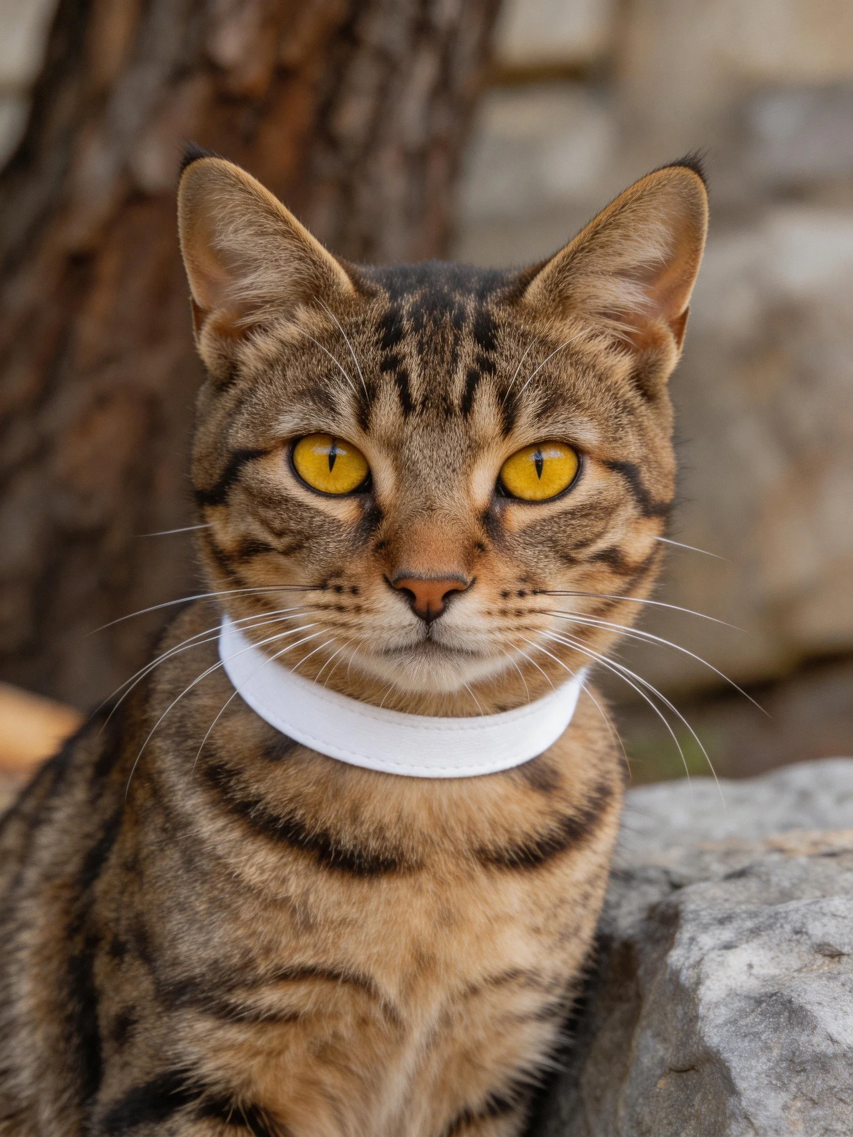 A brown tabby cat with a white collar sits near rocks and trees