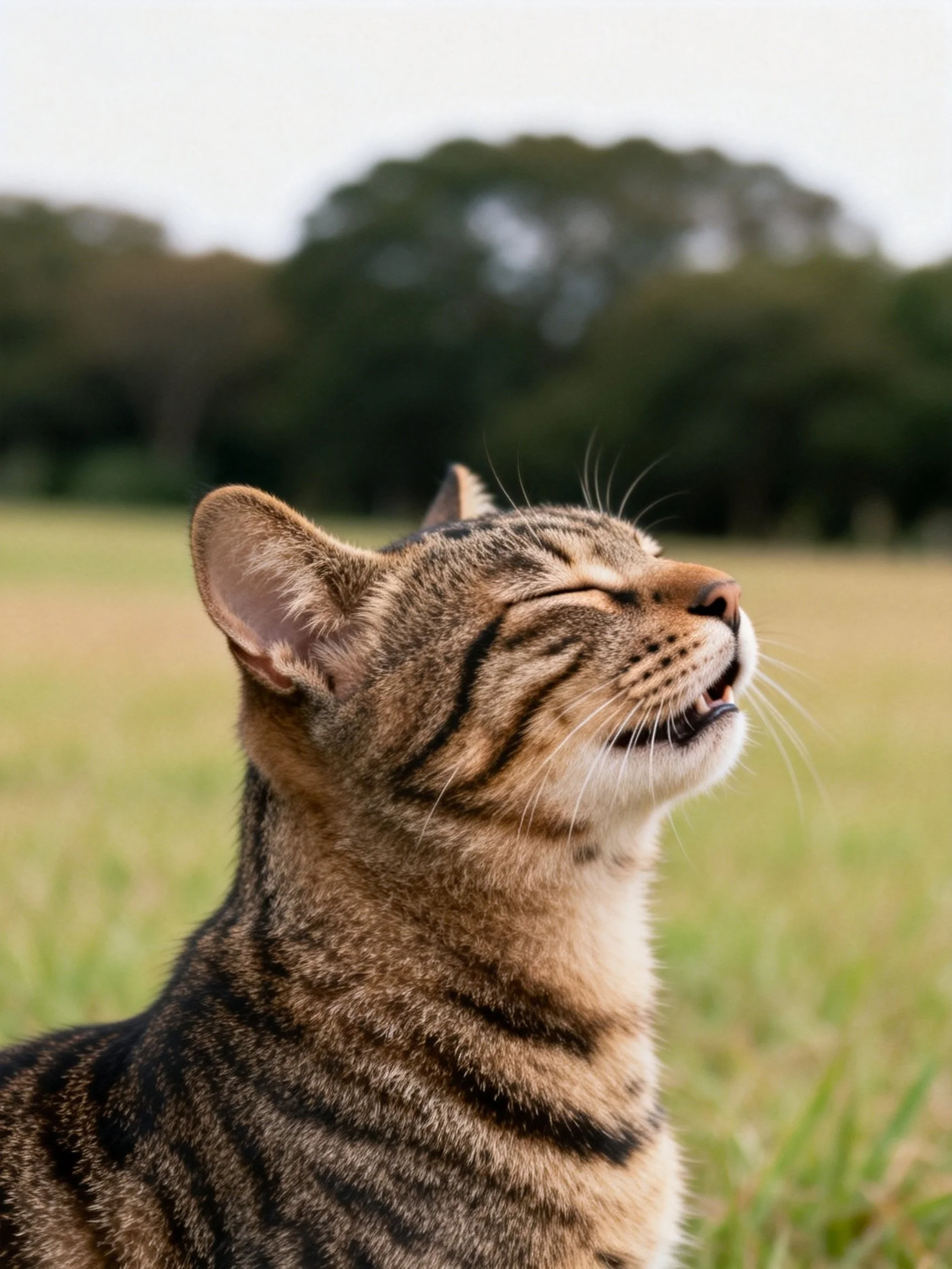 A brown tabby cat yawning in a sunny grassy field near trees