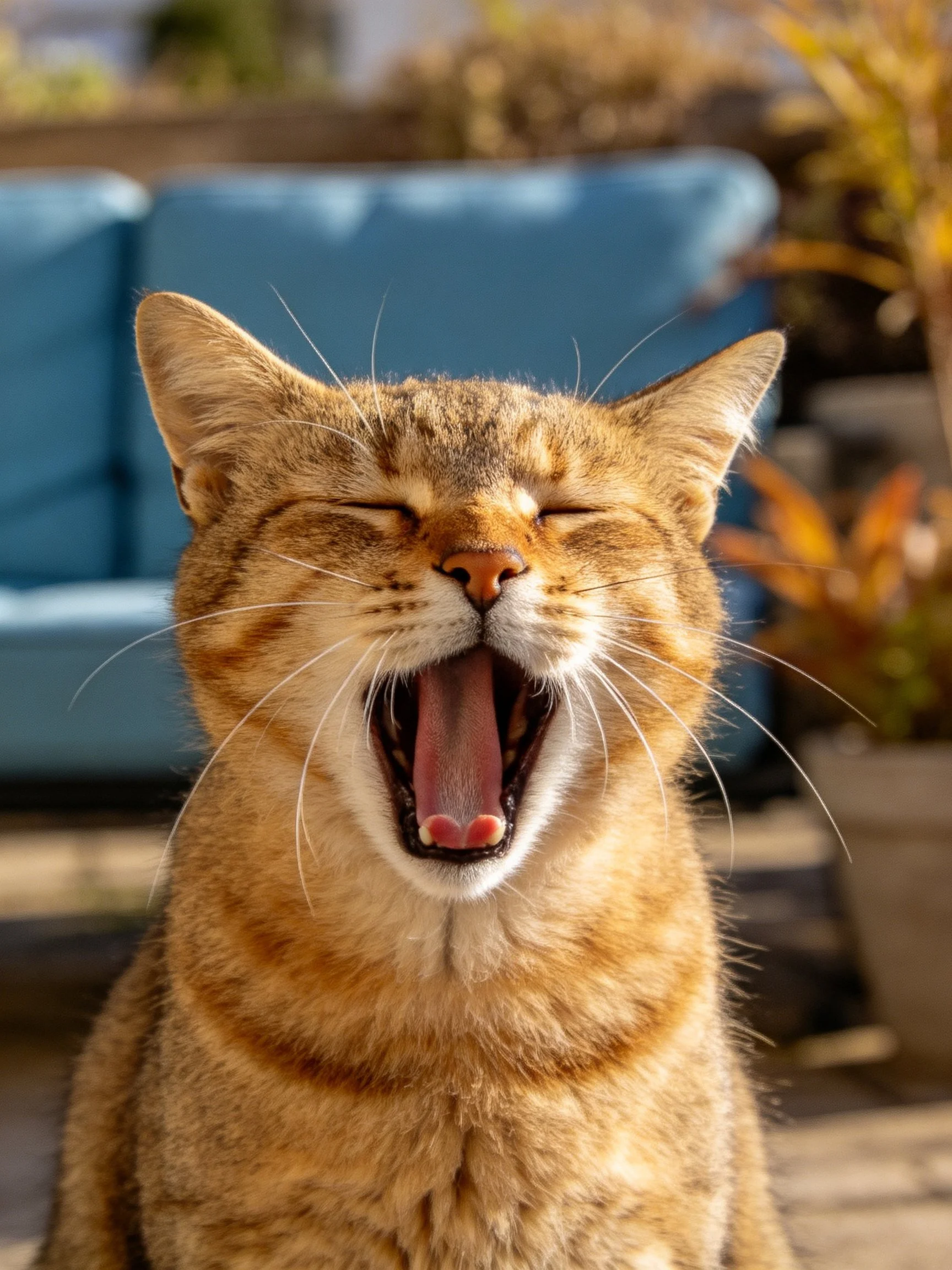 A brown tabby cat yawning near blue outdoor furniture