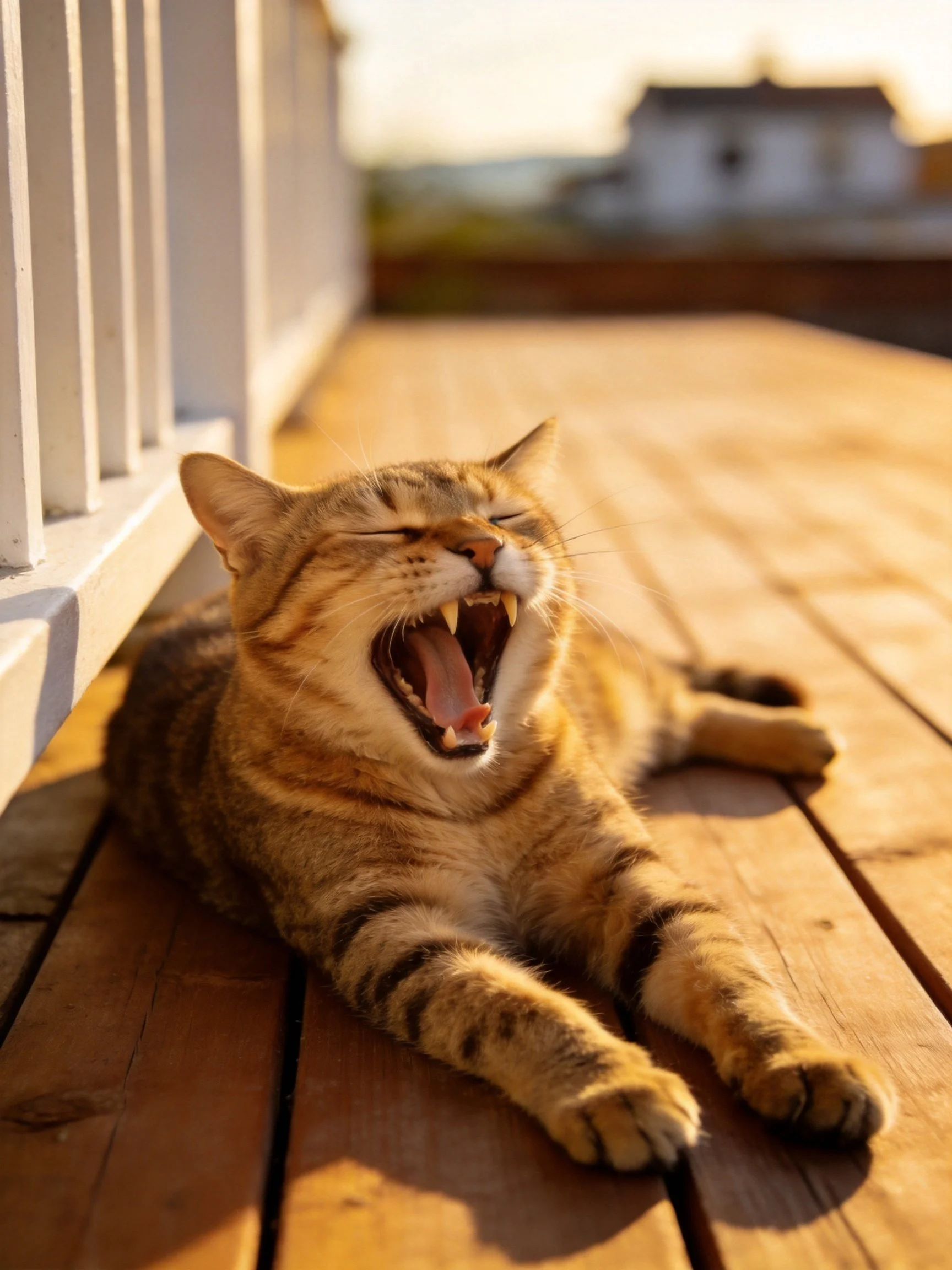 A brown tabby cat yawning on a sunlit wooden deck