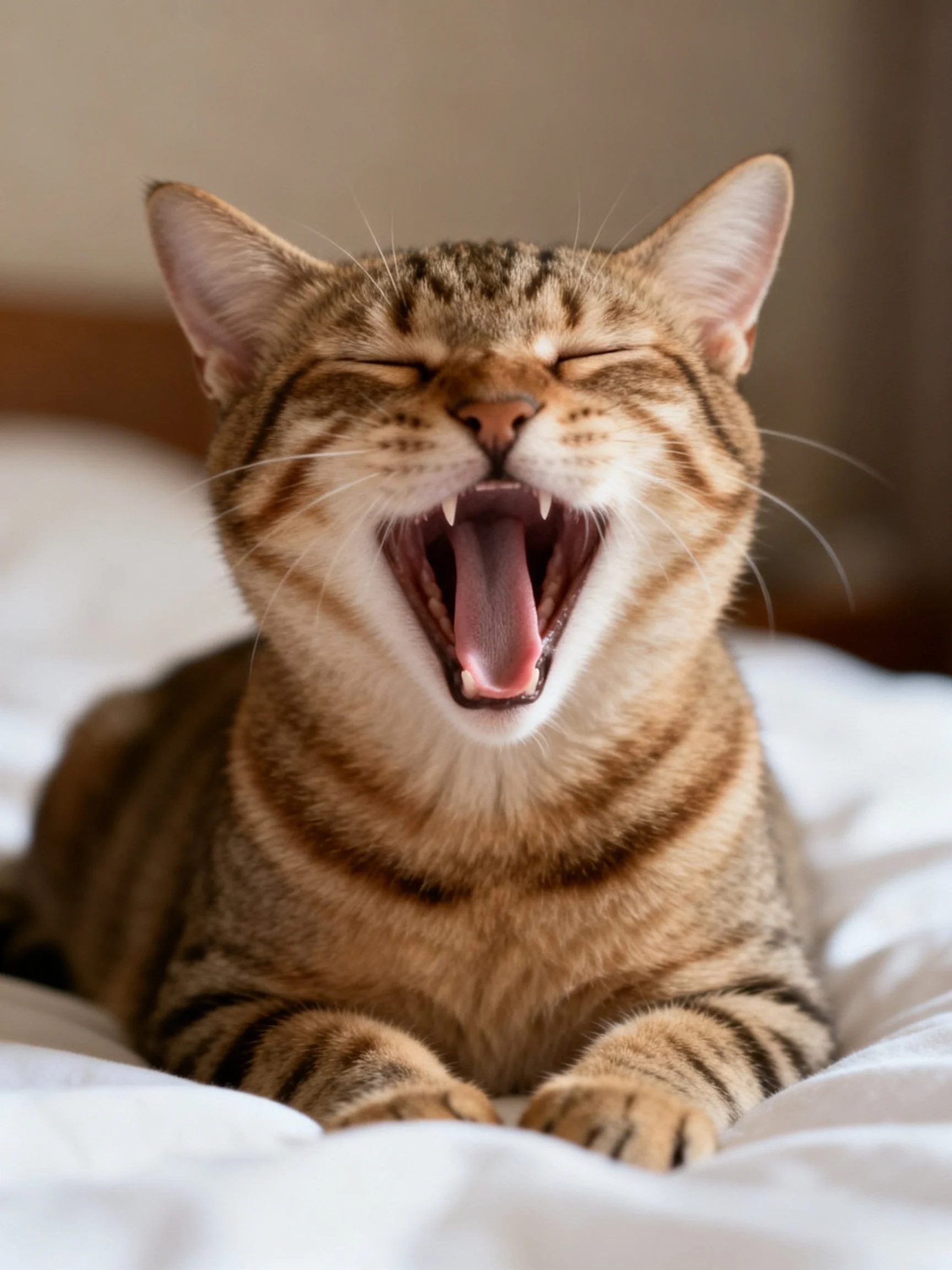 A brown tabby cat yawning on a white bed