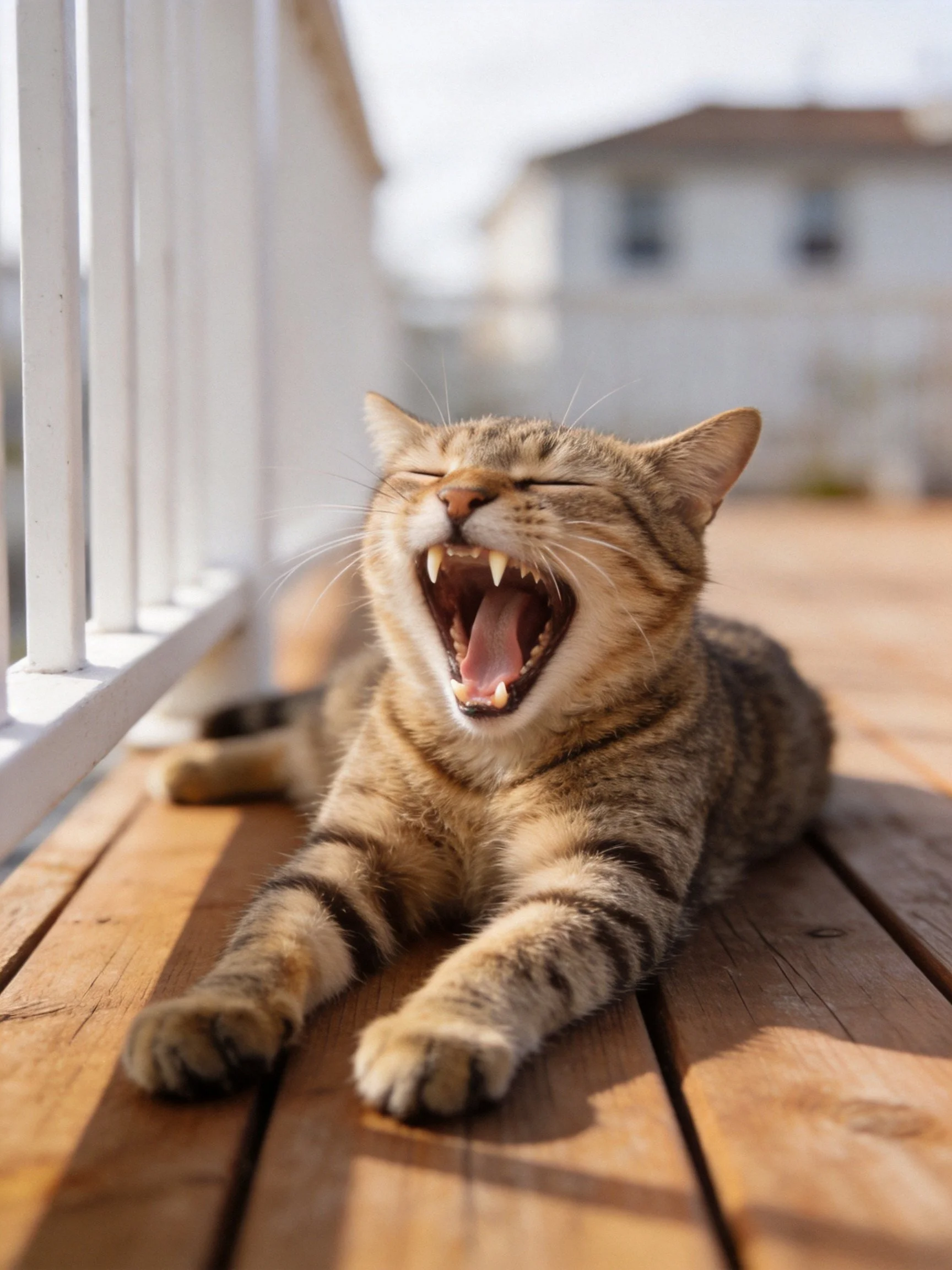 A brown tabby cat yawning on a wooden deck