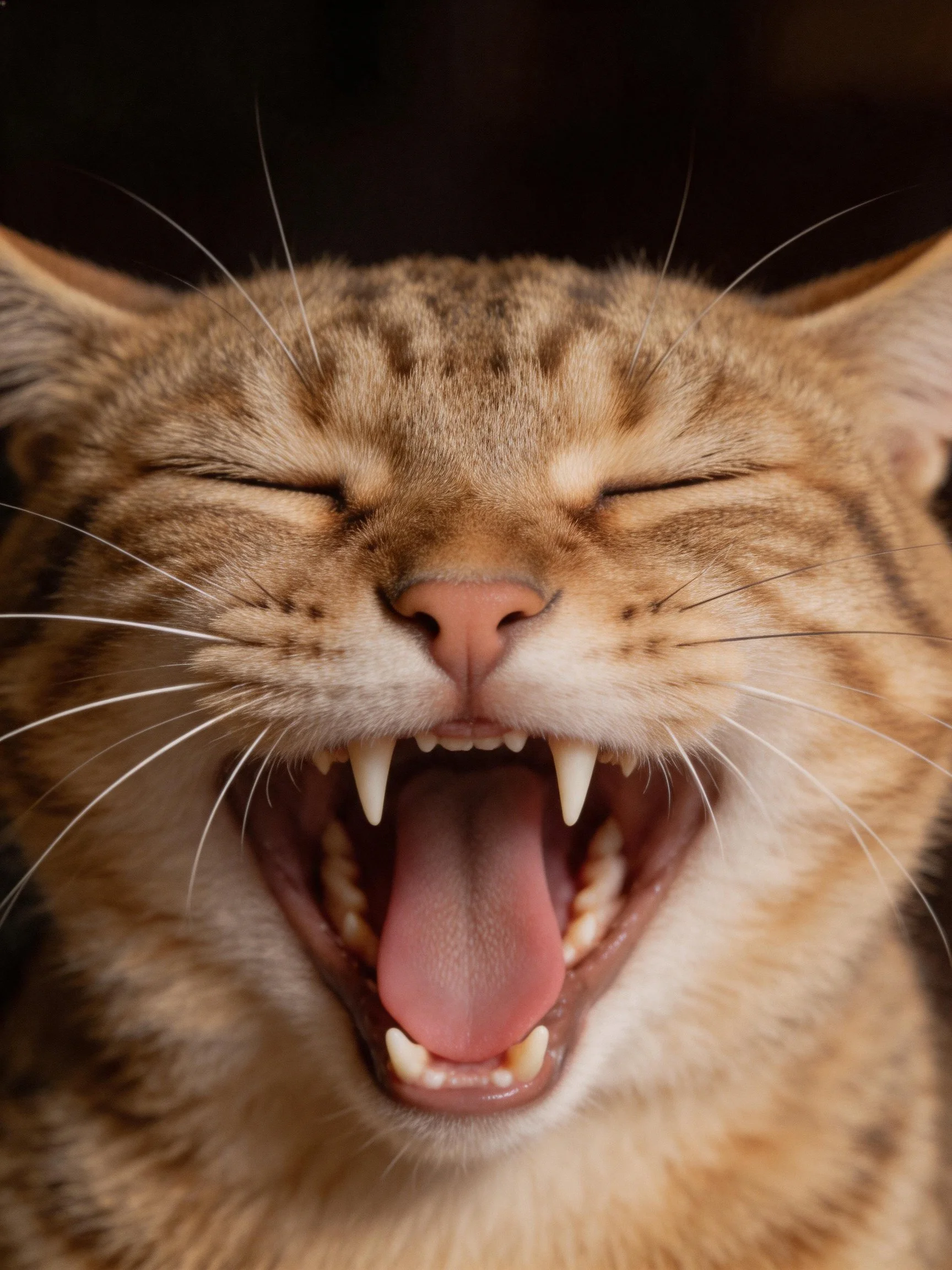 A brown tabby cat yawning widely with closed eyes