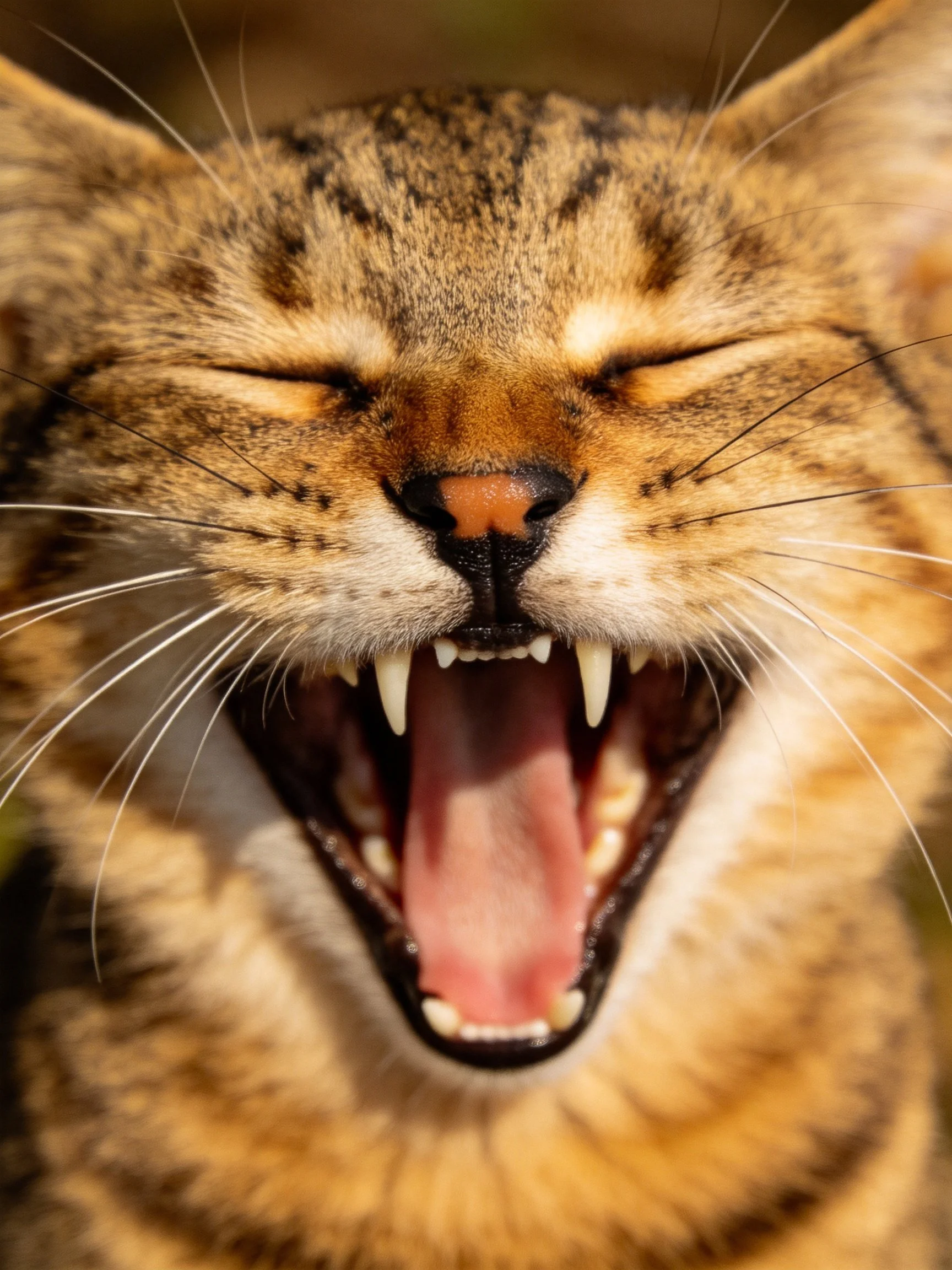 A brown tabby cat yawning widely with closed eyes