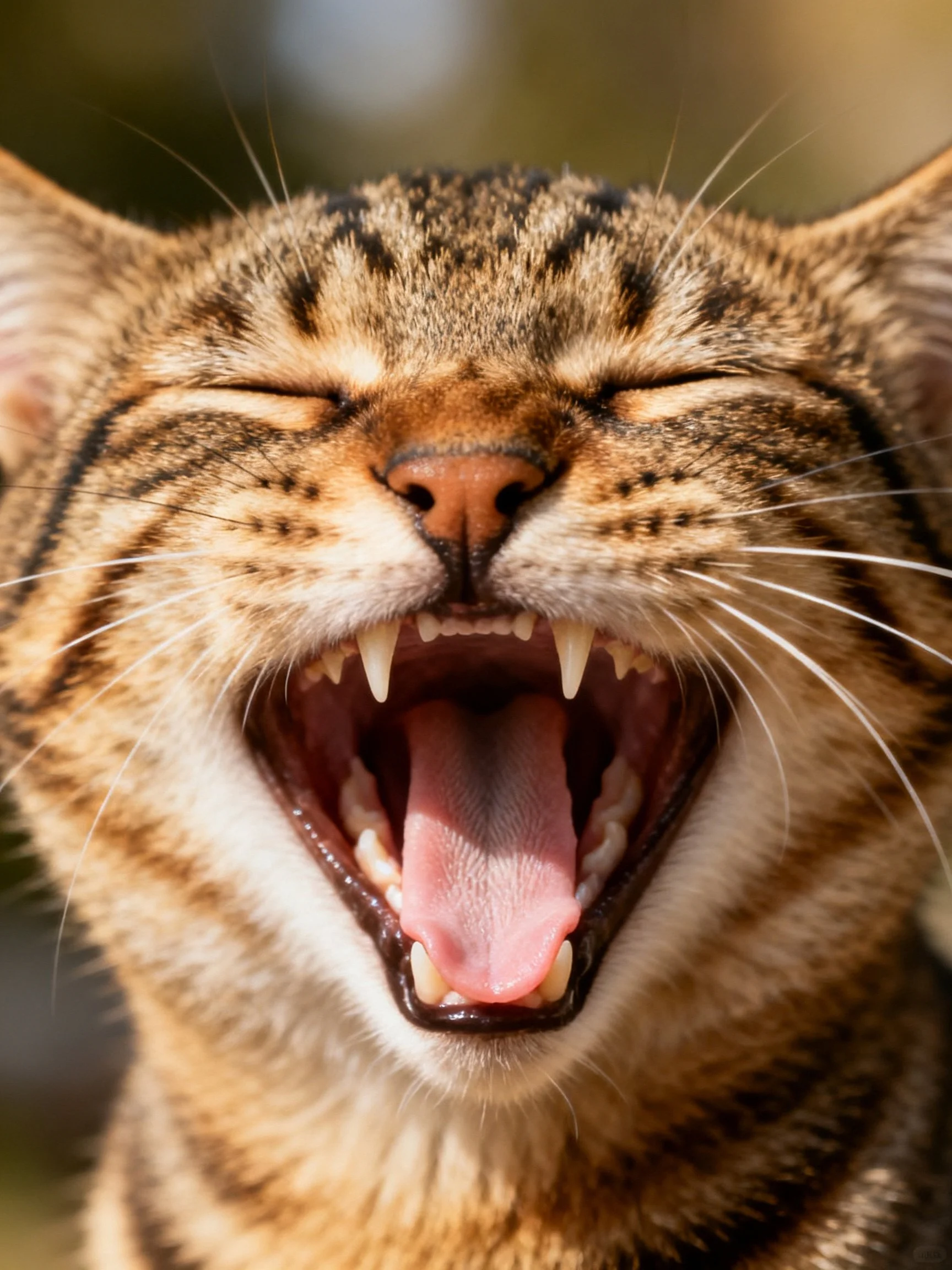 A brown tabby cat yawning widely with closed eyes
