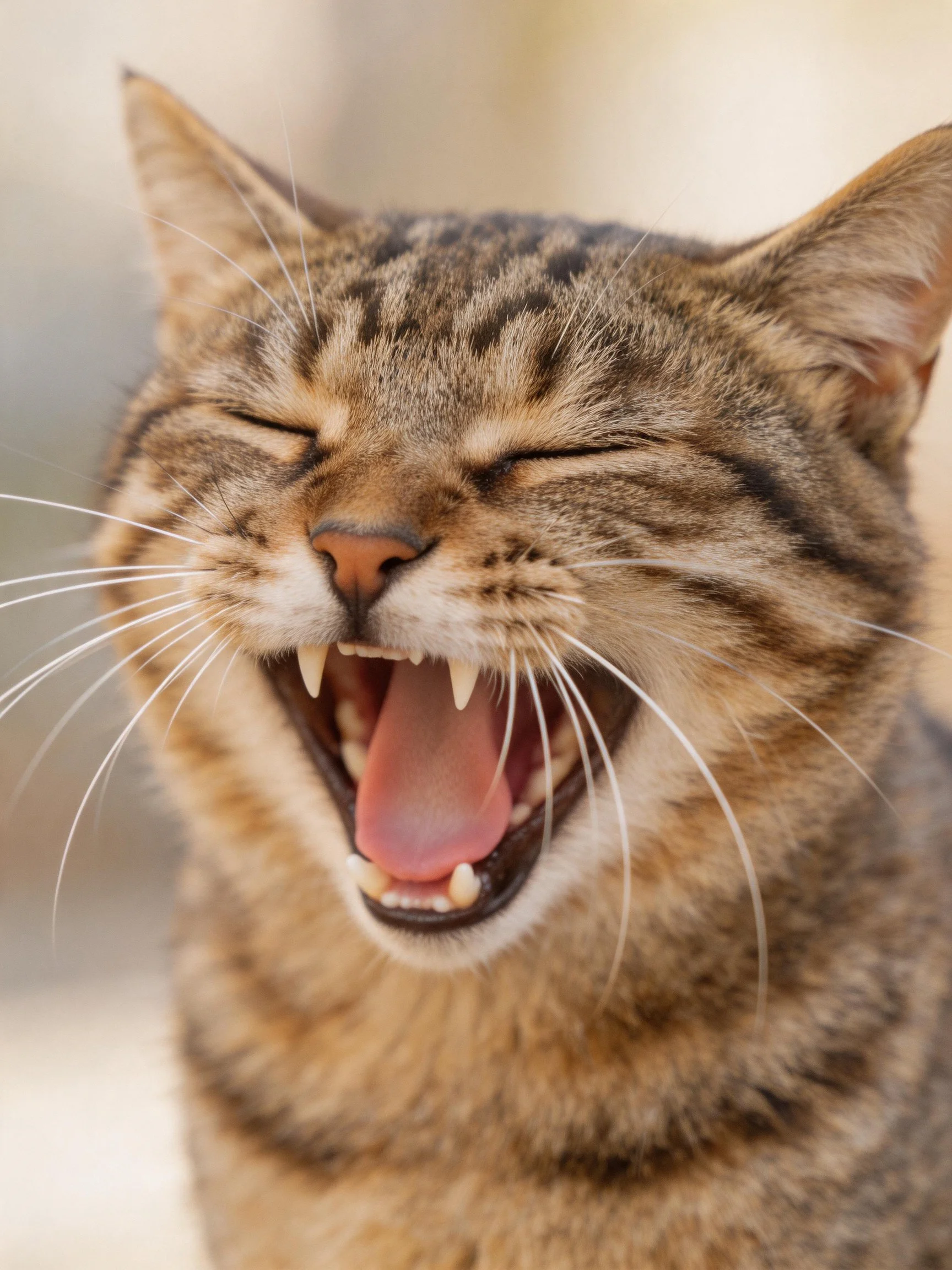 A brown tabby cat yawning with closed eyes