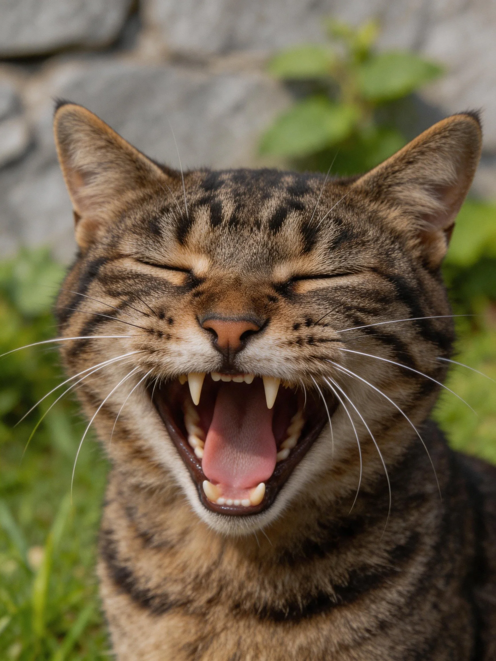 A brown tabby cat yawning with eyes closed outdoors
