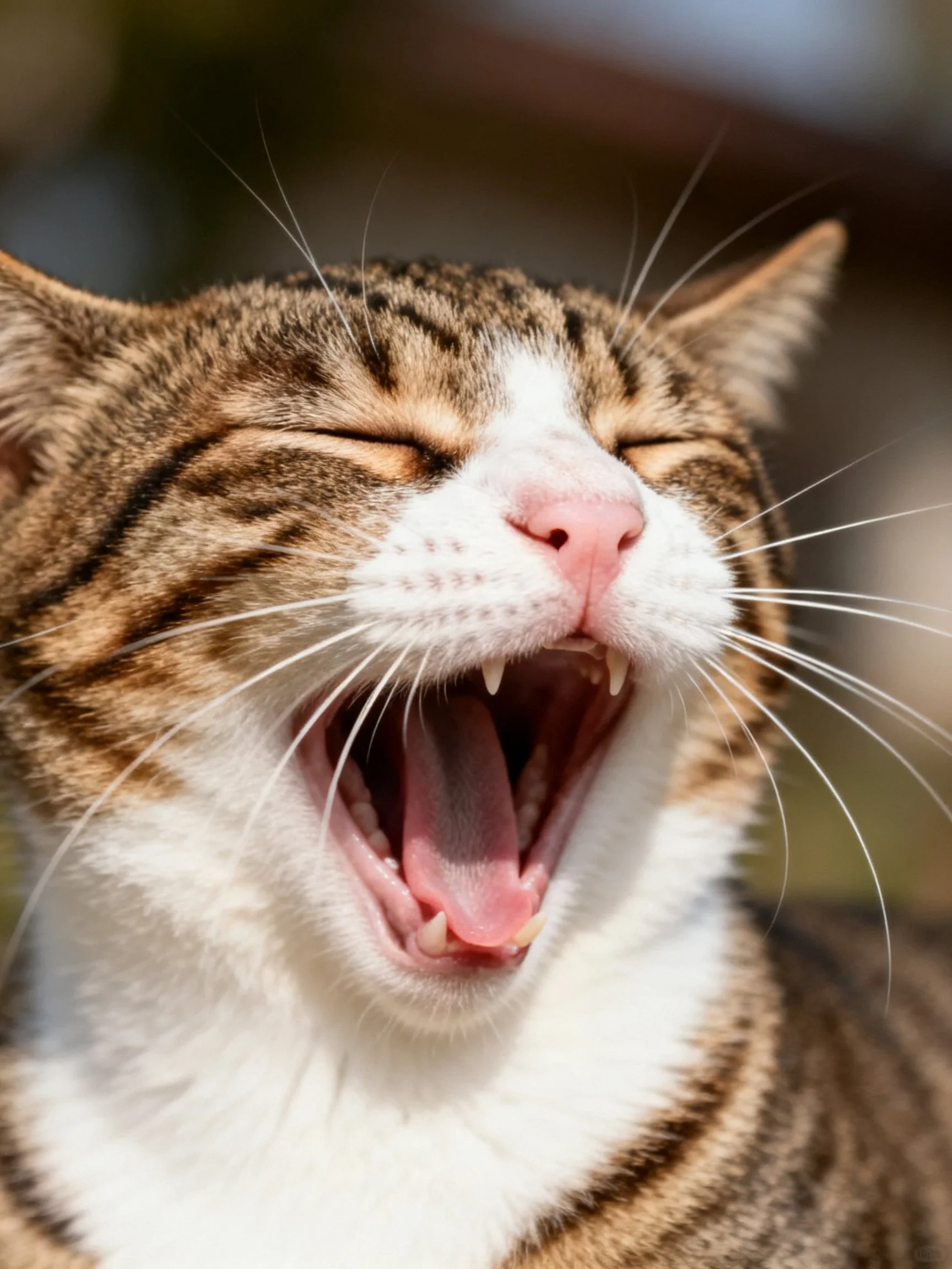 A brown tabby cat yawns widely with eyes closed