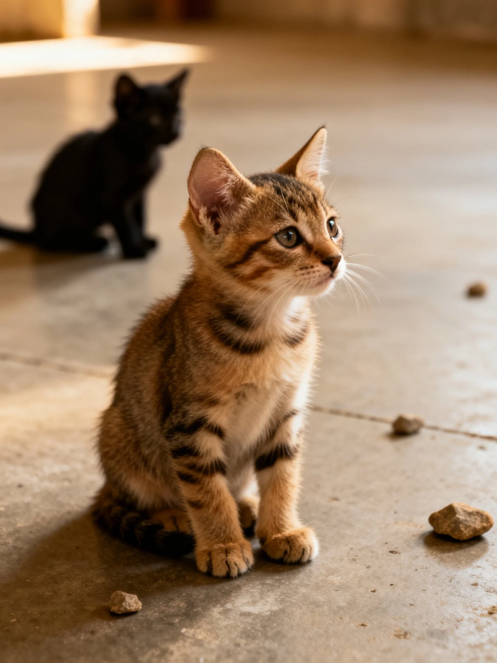 A brown tabby kitten sits near a black kitten on a concrete floor with scattered stones.